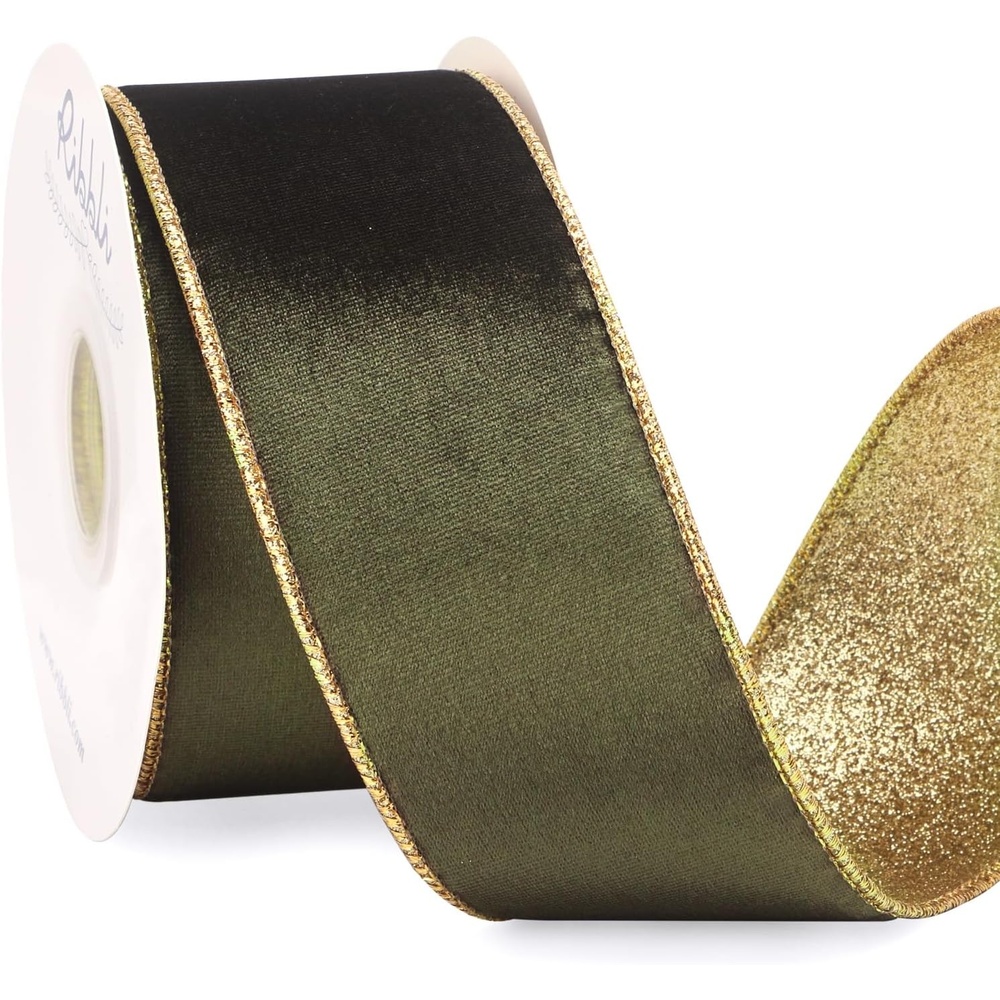 Ribbli Moss Green Velvet Ribbon Wired 2.5 Inch Glossy Velvet with Gold Glitter Christmas Ribbon for Christmas Tree Decoration Big Bow Gift Wrapping Crafts Wreaths Supplies – Continuous 10 Yards(Moss Green)