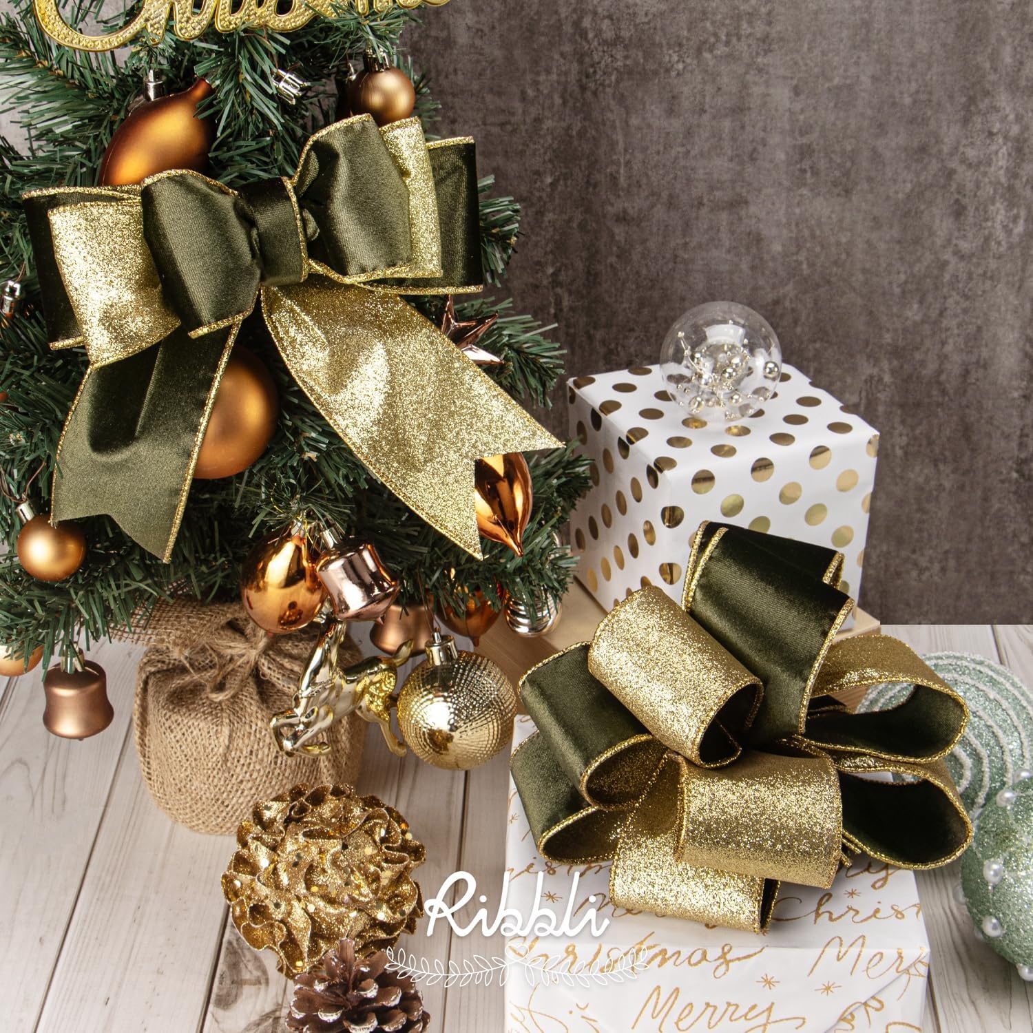 Ribbli Moss Green Velvet Ribbon Wired 2.5 Inch Glossy Velvet with Gold Glitter Christmas Ribbon for Christmas Tree Decoration Big Bow Gift Wrapping Crafts Wreaths Supplies – Continuous 10 Yards(Moss Green)