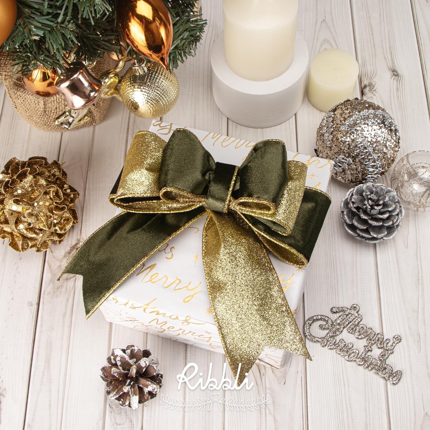 Ribbli Moss Green Velvet Ribbon Wired 2.5 Inch Glossy Velvet with Gold Glitter Christmas Ribbon for Christmas Tree Decoration Big Bow Gift Wrapping Crafts Wreaths Supplies – Continuous 10 Yards(Moss Green)