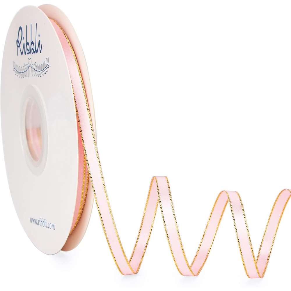 Ribbli Pearl Pink Satin Ribbon with Silver Edge,Double Faced Satin 3/8 inch x Continuous 50 Yards, Pearl Pink Ribbon Use for Crafts, Gift Wrapping, Wedding Card Decoration(Lt.Pink/Gold)