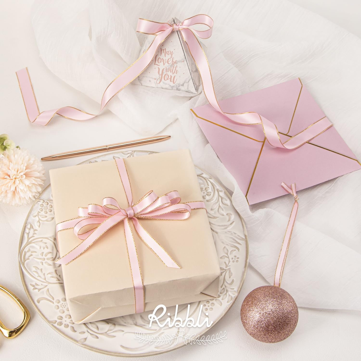 Ribbli Pearl Pink Satin Ribbon with Silver Edge,Double Faced Satin 3/8 inch x Continuous 50 Yards, Pearl Pink Ribbon Use for Crafts, Gift Wrapping, Wedding Card Decoration(Lt.Pink/Gold)