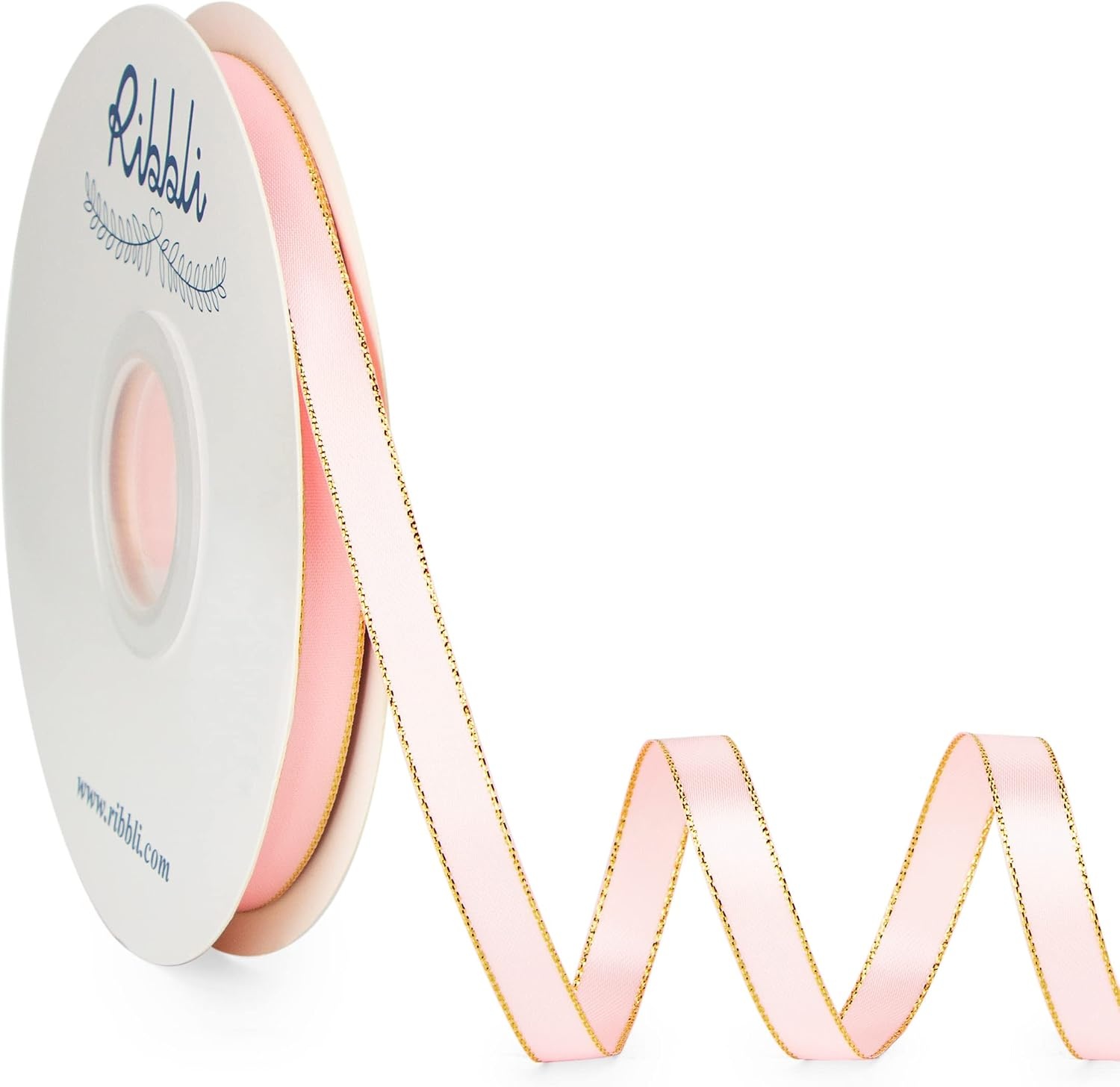 Ribbli Pearl Pink Satin Ribbon with Silver Edge,Double Faced Satin 3/8 inch x Continuous 50 Yards, Pearl Pink Ribbon Use for Crafts, Gift Wrapping, Wedding Card Decoration(Lt.Pink/Gold)