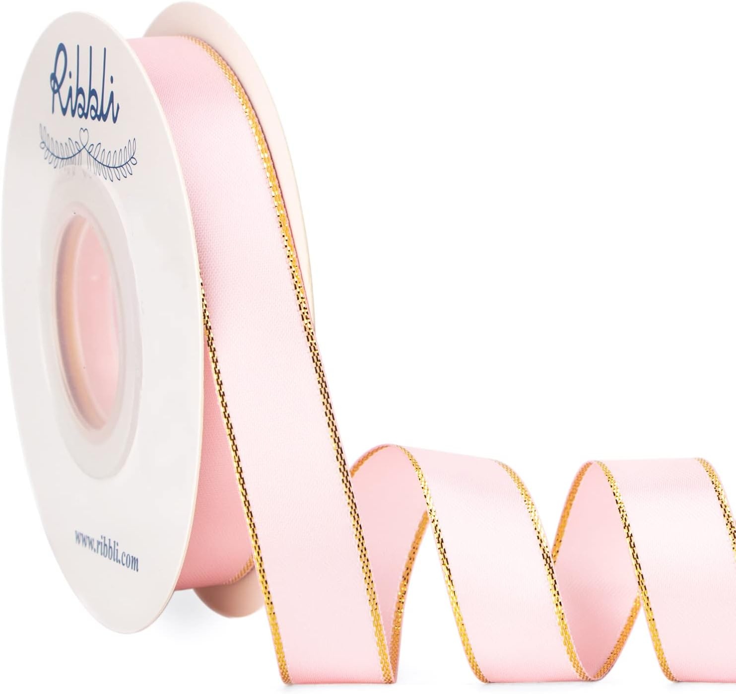 Ribbli Pearl Pink Satin Ribbon with Silver Edge,Double Faced Satin 3/8 inch x Continuous 50 Yards, Pearl Pink Ribbon Use for Crafts, Gift Wrapping, Wedding Card Decoration(Lt.Pink/Gold)