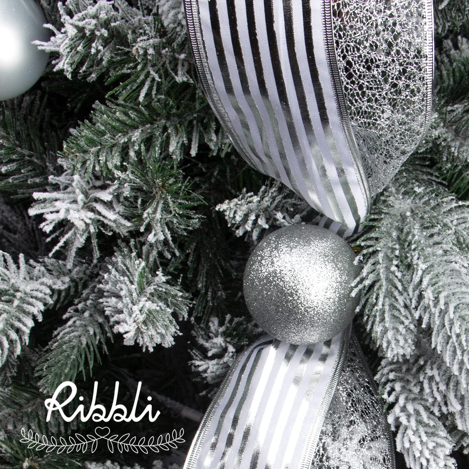 Ribbli Rose Gold Glitter Christmas Ribbon for Tree, Crafts, Gift Wrapping, Wreaths, Garland – 2.5 Inch x 6 Rolls, 36 Yards Total(Silver)