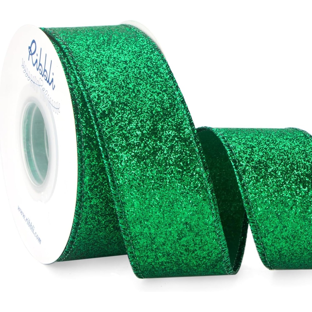 Ribbli Turquoise Blue Glitter Wired Ribbon,Turquoise with Metallic Edge,Christmas Ribbon for Wreath, Christmas Tree Decoration, Gift Wrapping,Home Decor, 2-1/2 Inch x 10 Yards(Emerald Green)