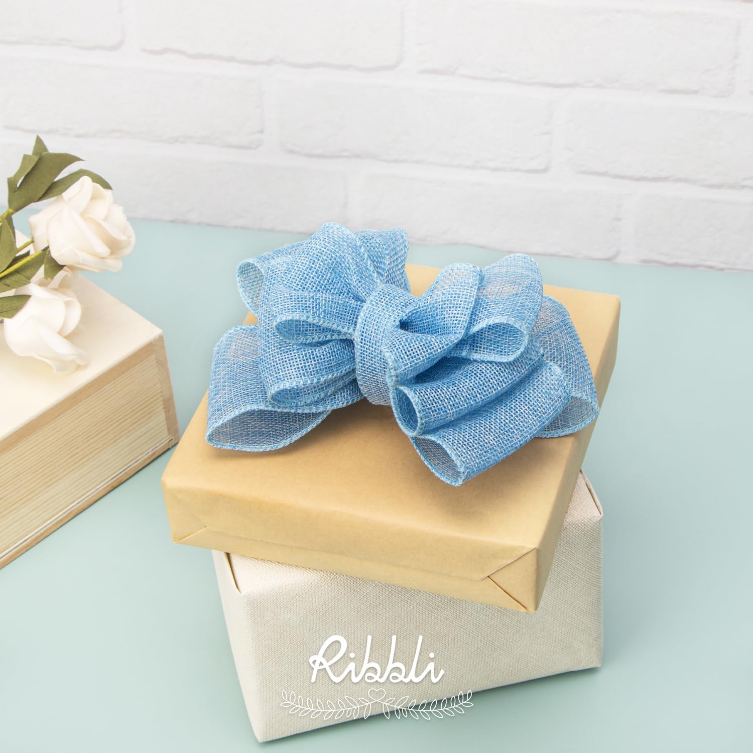 Ribbli Baby Blue Burlap Wired Ribbon,2-1/2 Inch x Continuous 10 Yard, Wired Edge Ribbon for Big Bow,Wreath,Baby Shower Decoration,Outdoor Decoration(Baby Blue)