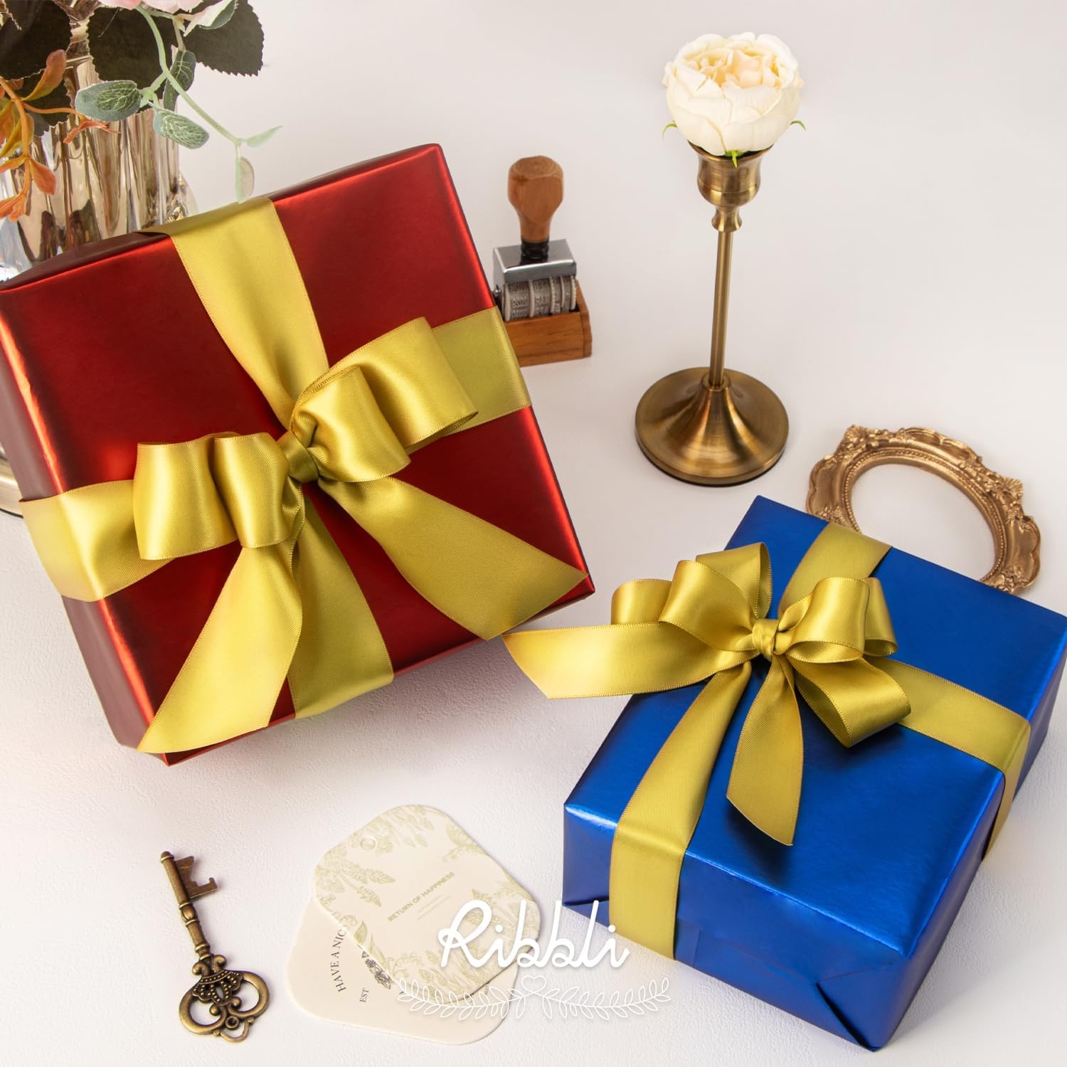 Ribbli Double Faced Rose Gold Satin Ribbon,3/8 x Continuous 25 Yards,Use for Bows Bouquet,Gift Wrapping,Floral Arrangement(Gold)