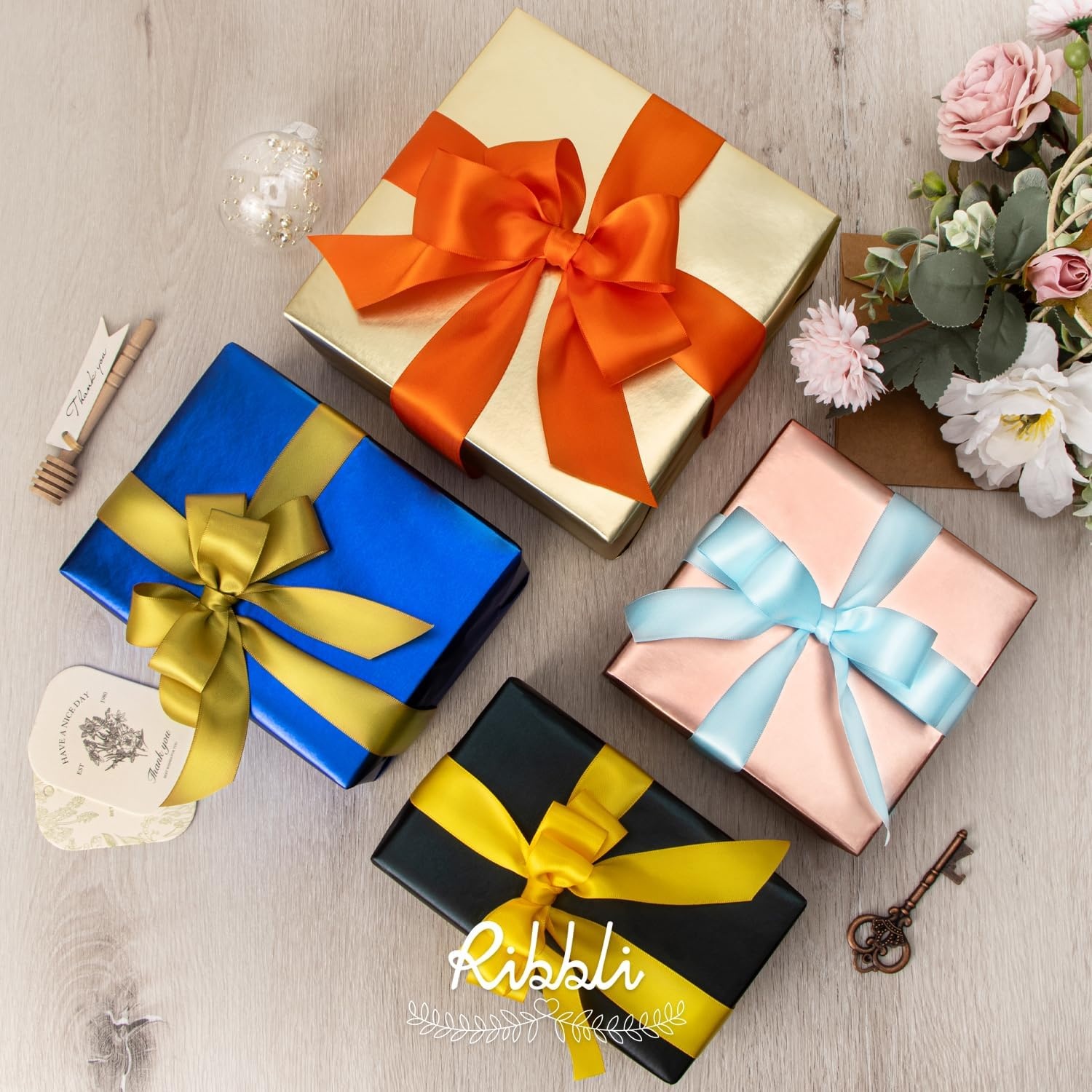 Ribbli Double Faced Rose Gold Satin Ribbon,3/8 x Continuous 25 Yards,Use for Bows Bouquet,Gift Wrapping,Floral Arrangement(Gold)