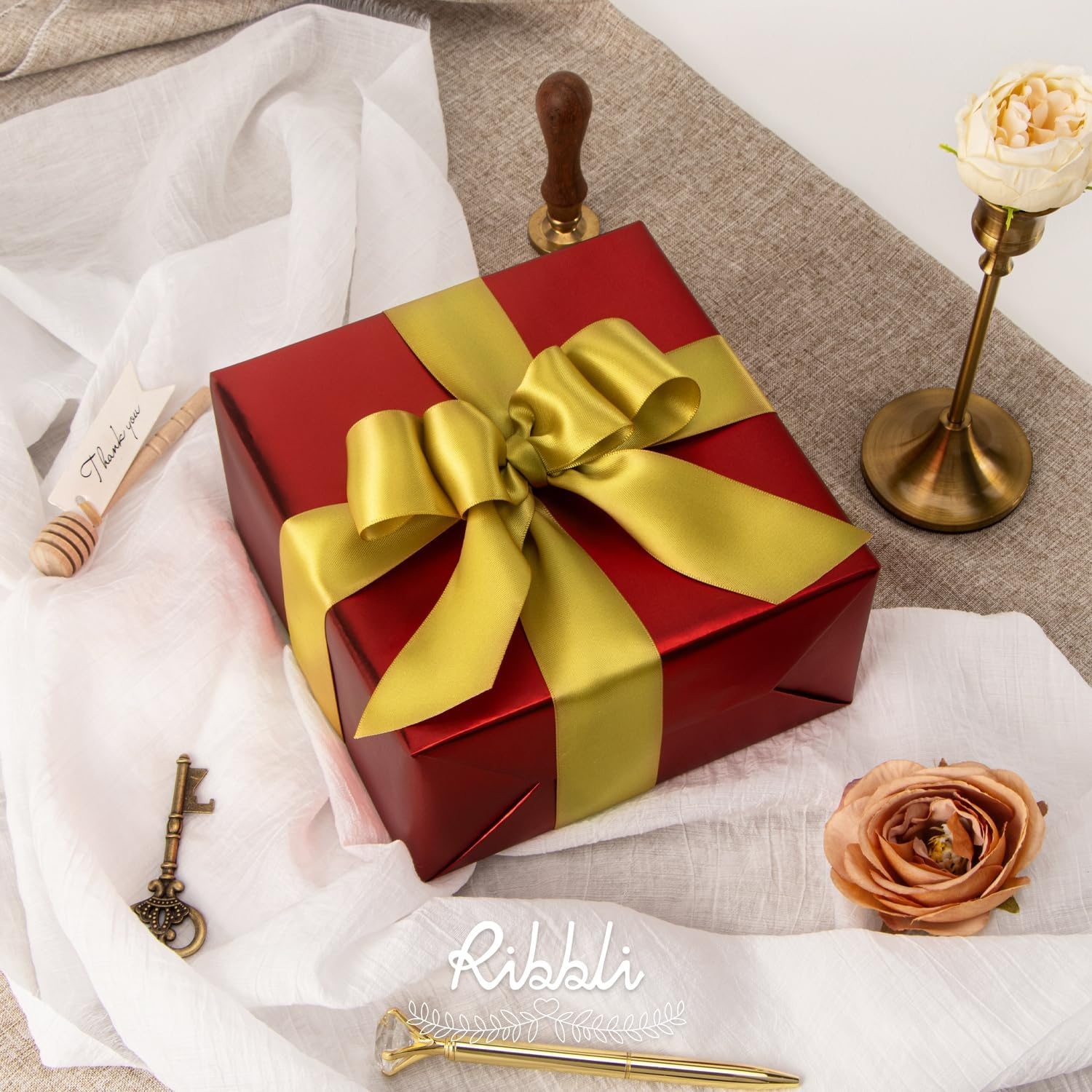 Ribbli Double Faced Rose Gold Satin Ribbon,3/8 x Continuous 25 Yards,Use for Bows Bouquet,Gift Wrapping,Floral Arrangement(Gold)