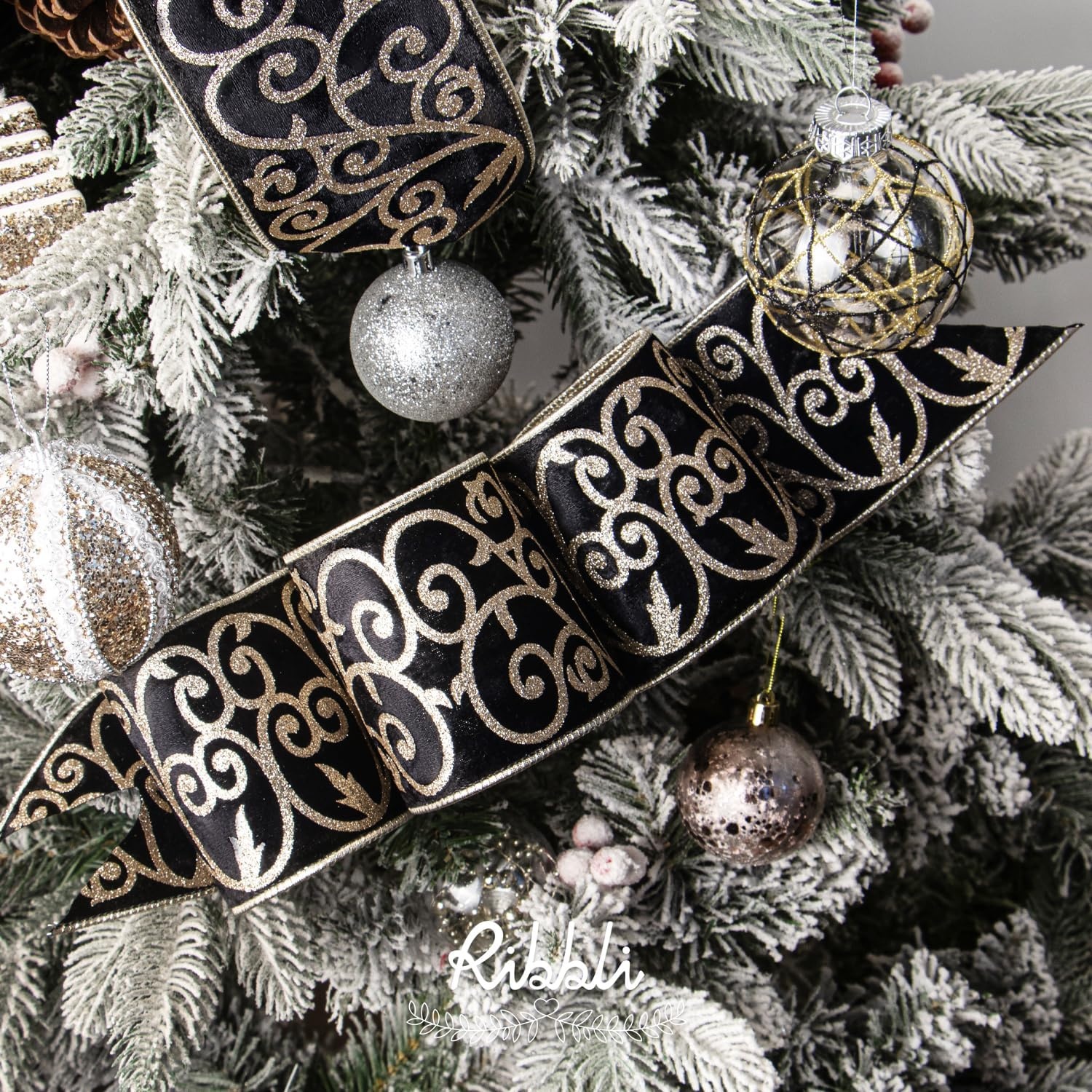 Ribbli Sage Green Velvet Ribbon Wired with Glitter Swirl 4 Inch Christmas Ribbon for Christmas Tree Decoration Big Bow Gift Wrapping Crafts Wreaths Supplies – 10 Yards(Black)