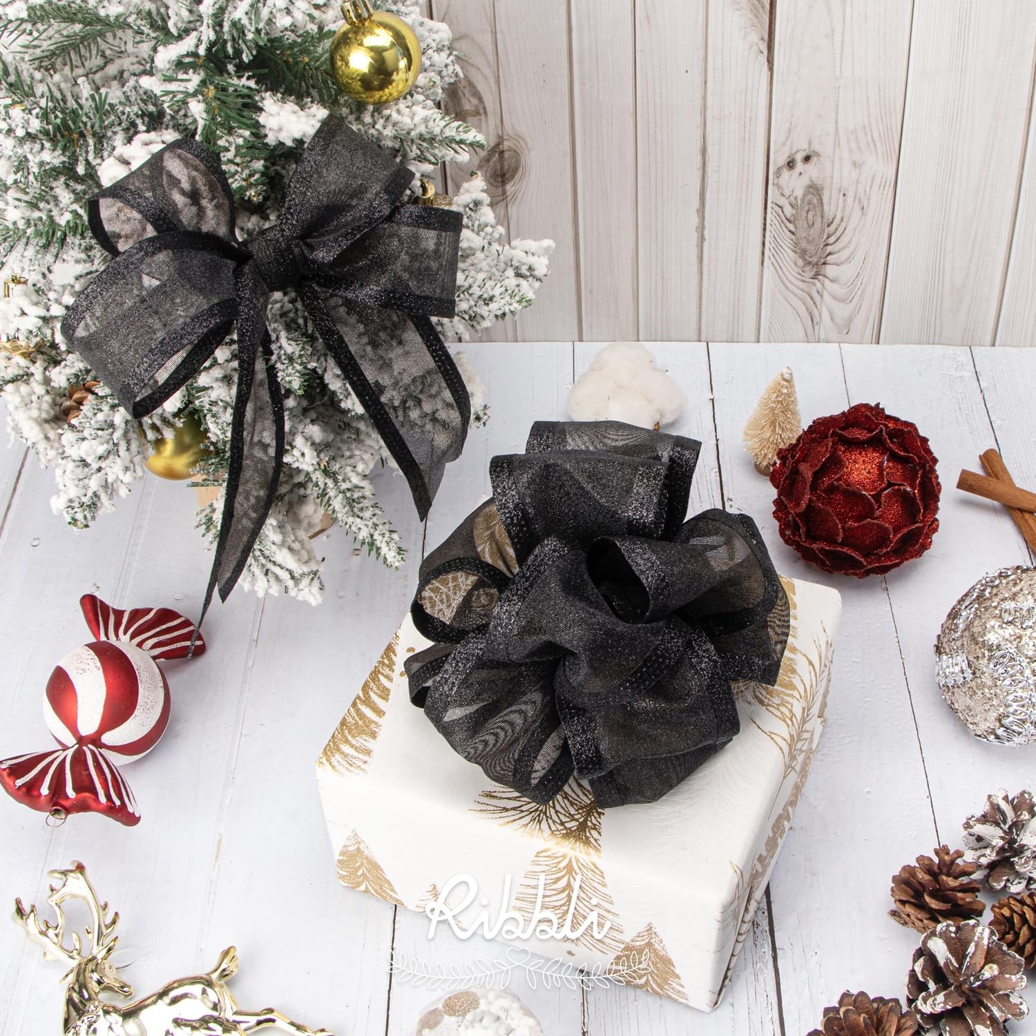 Ribbli Red Christmas Wired Ribbon, Metallic Wired Ribbon with Glitter Edge 2-1/2 Inch x 10 Yard for Christmas Tree Decoration, Gift Wrapping, Wreaths Supplies, Swag, Holiday Decor(Black)