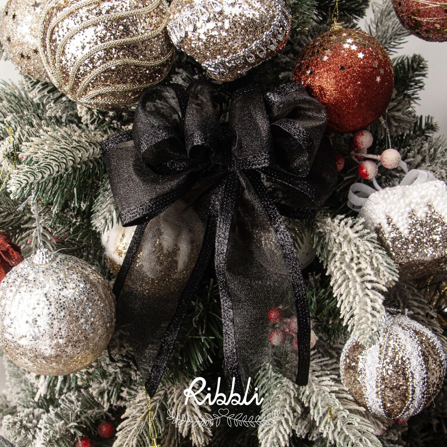 Ribbli Red Christmas Wired Ribbon, Metallic Wired Ribbon with Glitter Edge 2-1/2 Inch x 10 Yard for Christmas Tree Decoration, Gift Wrapping, Wreaths Supplies, Swag, Holiday Decor(Black)