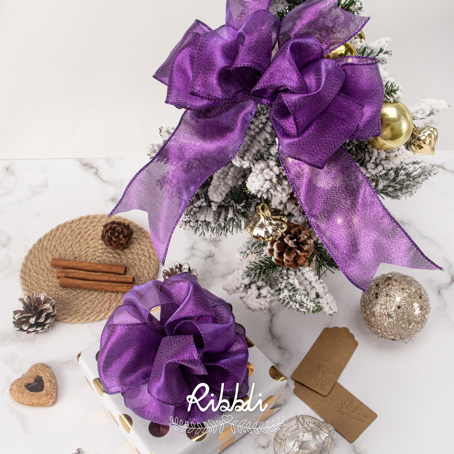 Ribbli Metallic Emerlad Green Wired Ribbon,2-1/2 Inch x Continuous 10 Yard, Deluxe Green Glitter,Christmas Ribbon for Crafts,Wreaths,Big Bow,Gift Wrapping, Christmas Tree Decoration(Purple)