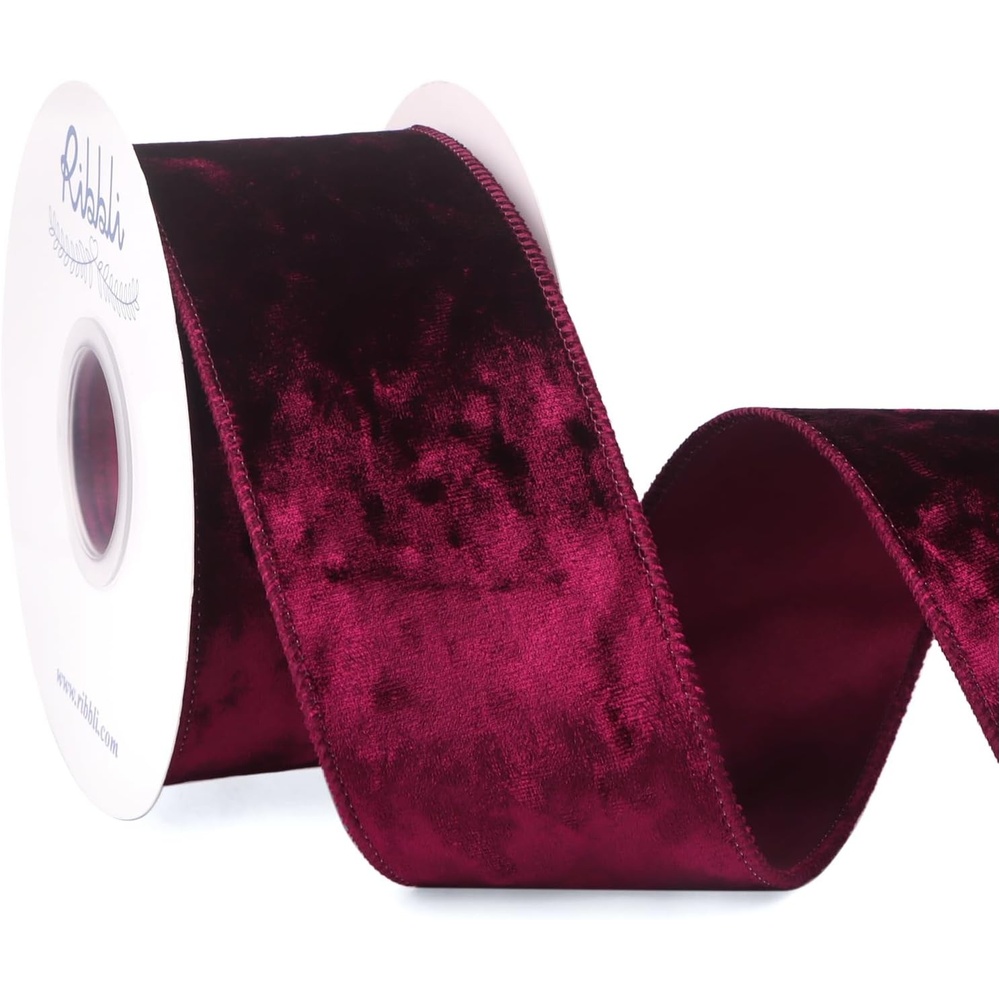 Ribbli Royal Blue Velvet Wired Ribbon 4 Inch Crushed Velvet Christmas Ribbon for Gift Wrapping Christmas Tree Decoration Crafts Wreaths Supplies-Continuous 10 Yards(Burgundy)