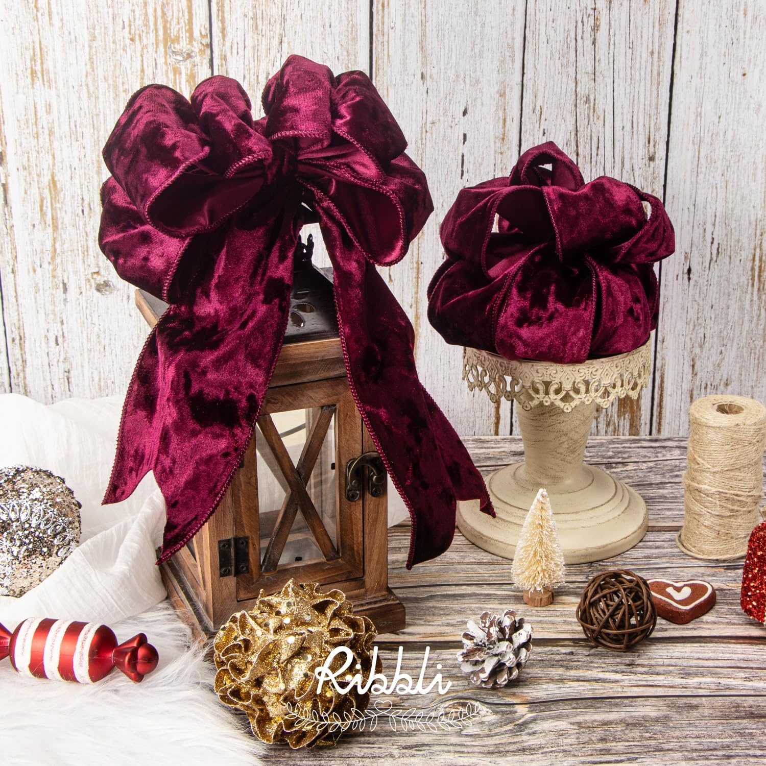 Ribbli Royal Blue Velvet Wired Ribbon 4 Inch Crushed Velvet Christmas Ribbon for Gift Wrapping Christmas Tree Decoration Crafts Wreaths Supplies-Continuous 10 Yards(Burgundy)