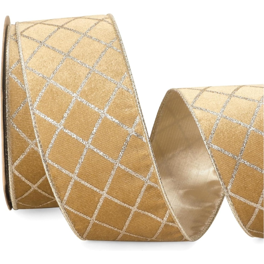 Ribbli Dusty Green Velvet Ribbon Wired with Glitter Diamond Grid 2-1/2 Inch Christmas Ribbon for Christmas Tree Decoration Big Bow Gift Wrapping Crafts Wreaths Garland Supplies – 10 Yards(Champagne Gold)