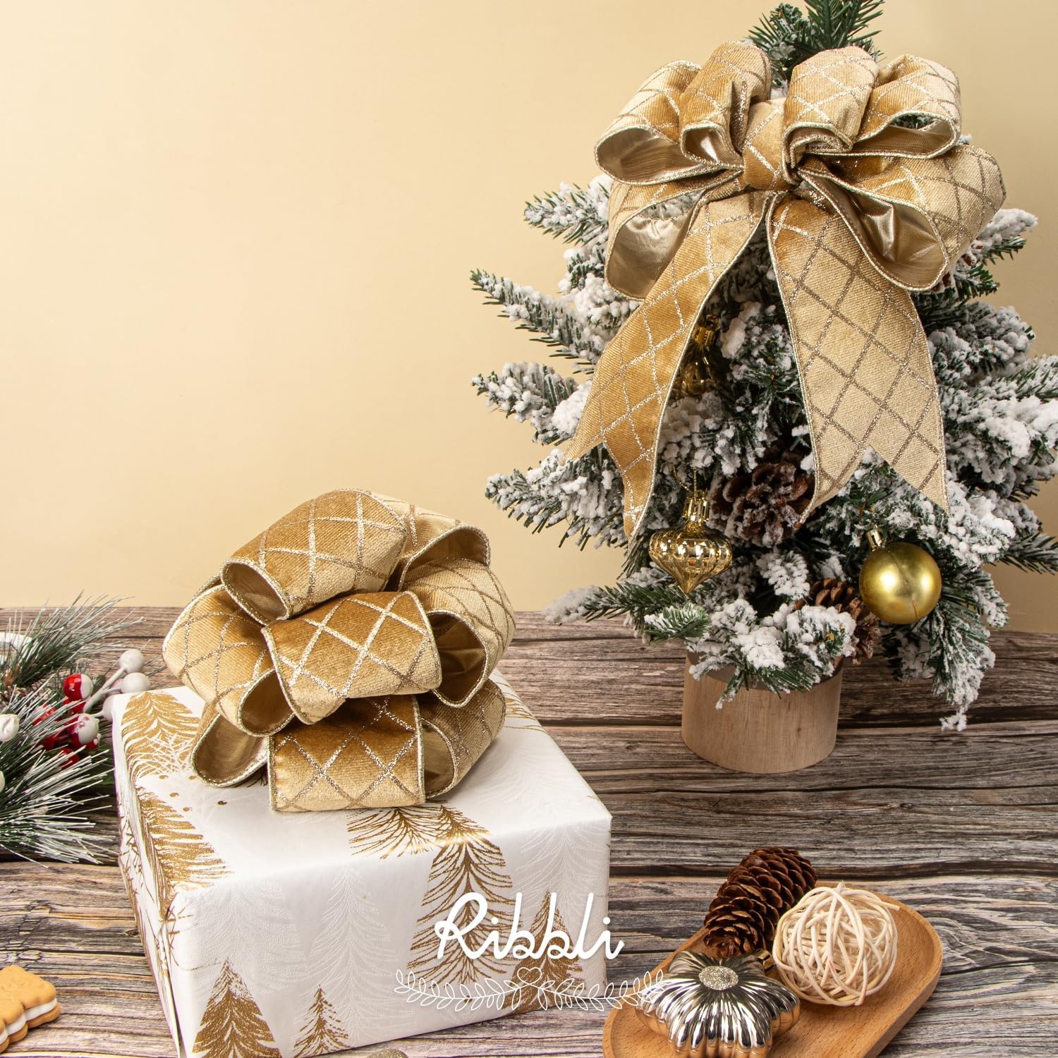 Ribbli Dusty Green Velvet Ribbon Wired with Glitter Diamond Grid 2-1/2 Inch Christmas Ribbon for Christmas Tree Decoration Big Bow Gift Wrapping Crafts Wreaths Garland Supplies – 10 Yards(Champagne Gold)