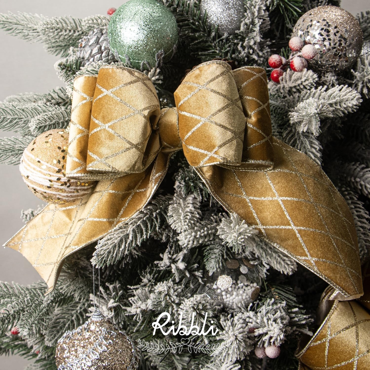 Ribbli Dusty Green Velvet Ribbon Wired with Glitter Diamond Grid 2-1/2 Inch Christmas Ribbon for Christmas Tree Decoration Big Bow Gift Wrapping Crafts Wreaths Garland Supplies – 10 Yards(Champagne Gold)