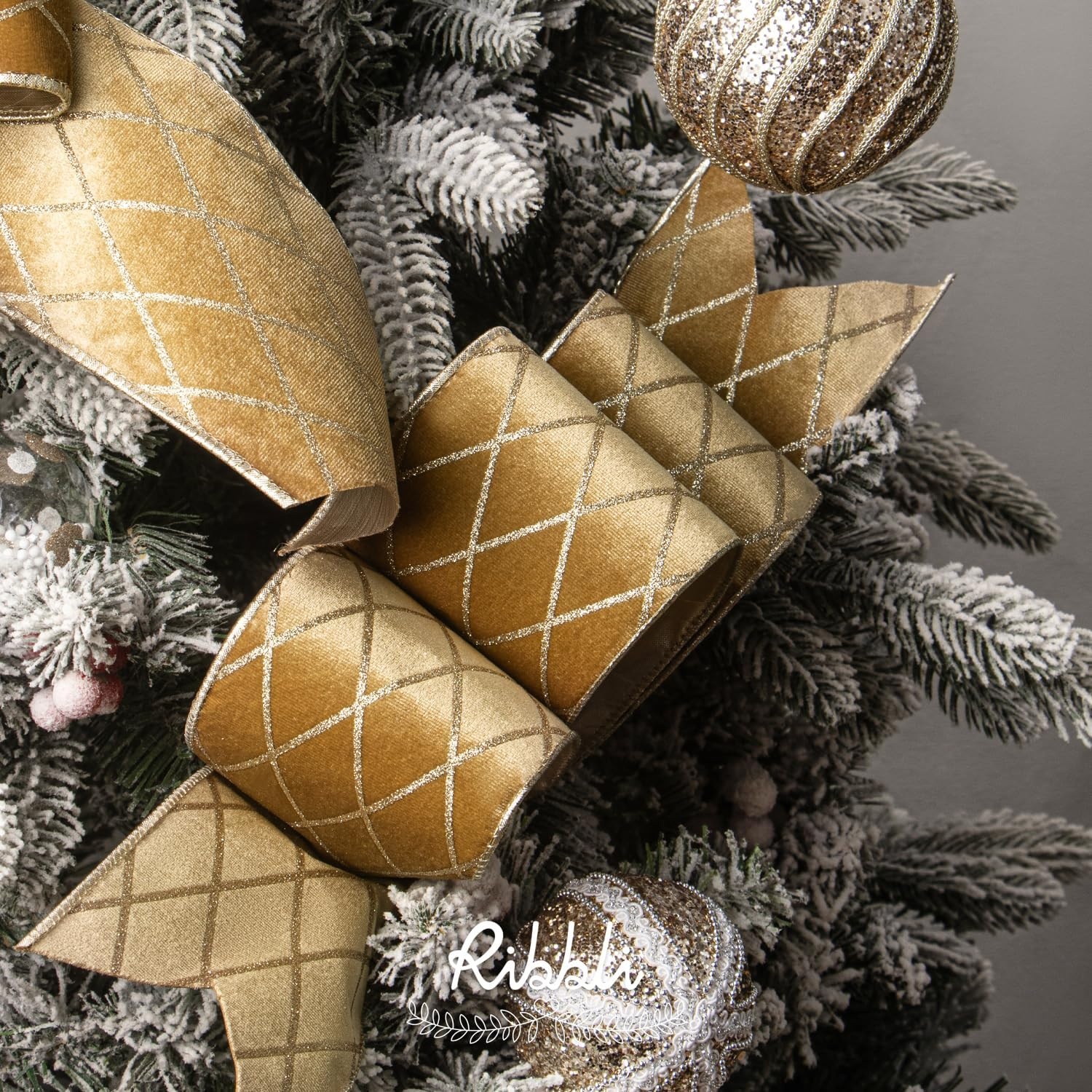 Ribbli Dusty Green Velvet Ribbon Wired with Glitter Diamond Grid 2-1/2 Inch Christmas Ribbon for Christmas Tree Decoration Big Bow Gift Wrapping Crafts Wreaths Garland Supplies – 10 Yards(Champagne Gold)