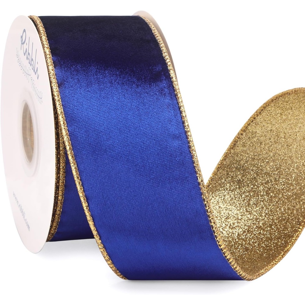 Ribbli Moss Green Velvet Ribbon Wired 2.5 Inch Glossy Velvet with Gold Glitter Christmas Ribbon for Christmas Tree Decoration Big Bow Gift Wrapping Crafts Wreaths Supplies – Continuous 10 Yards(Royal Blue)