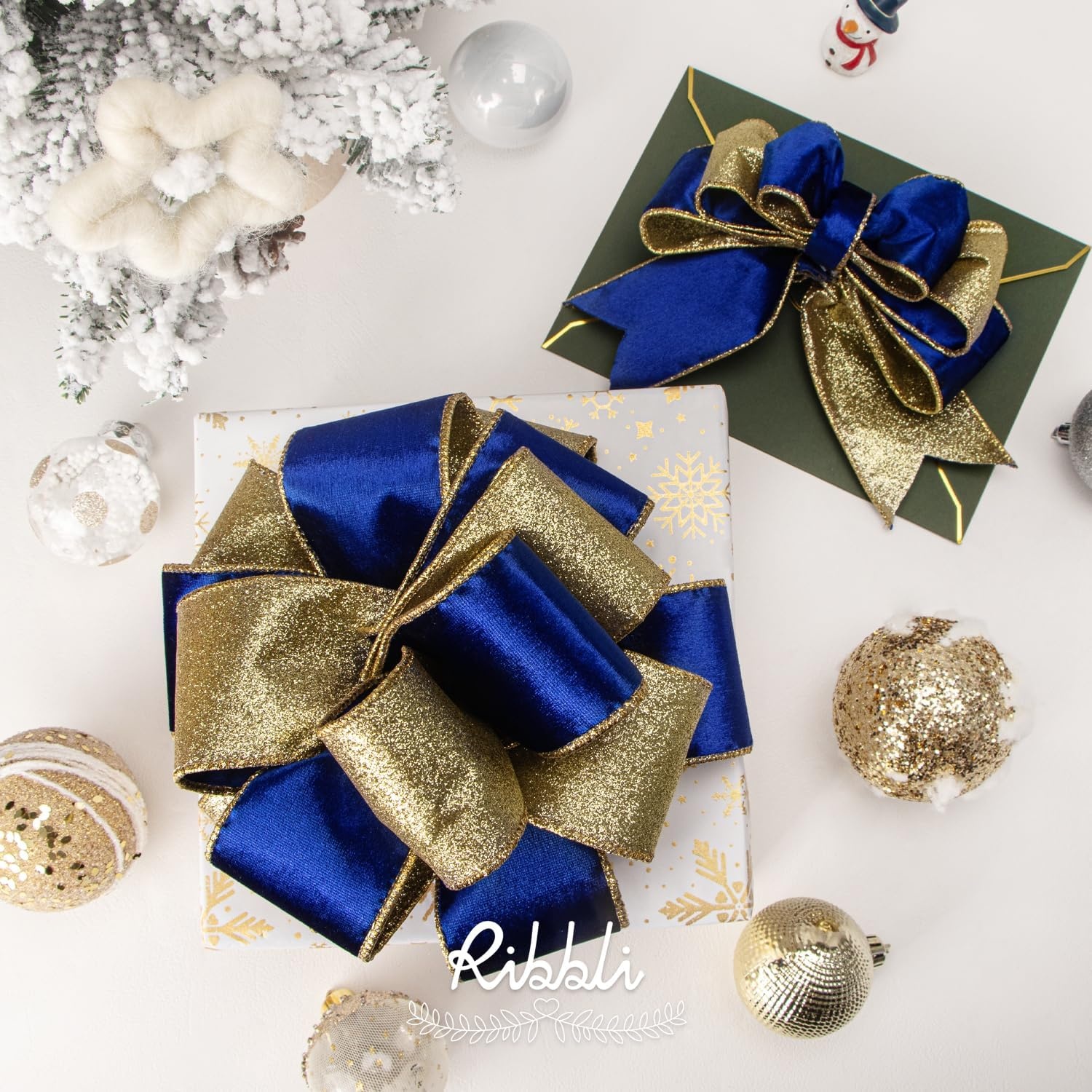 Ribbli Moss Green Velvet Ribbon Wired 2.5 Inch Glossy Velvet with Gold Glitter Christmas Ribbon for Christmas Tree Decoration Big Bow Gift Wrapping Crafts Wreaths Supplies – Continuous 10 Yards(Royal Blue)