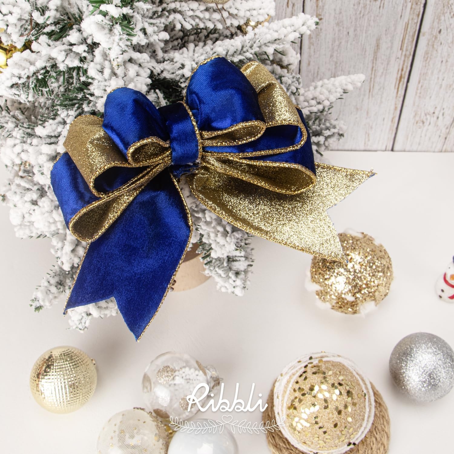 Ribbli Moss Green Velvet Ribbon Wired 2.5 Inch Glossy Velvet with Gold Glitter Christmas Ribbon for Christmas Tree Decoration Big Bow Gift Wrapping Crafts Wreaths Supplies – Continuous 10 Yards(Royal Blue)