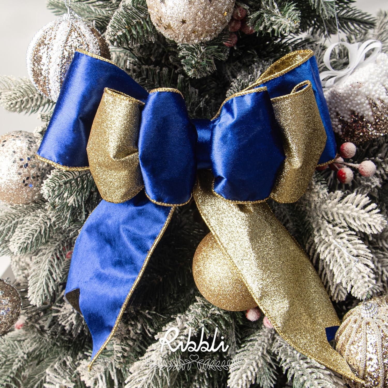 Ribbli Moss Green Velvet Ribbon Wired 2.5 Inch Glossy Velvet with Gold Glitter Christmas Ribbon for Christmas Tree Decoration Big Bow Gift Wrapping Crafts Wreaths Supplies – Continuous 10 Yards(Royal Blue)