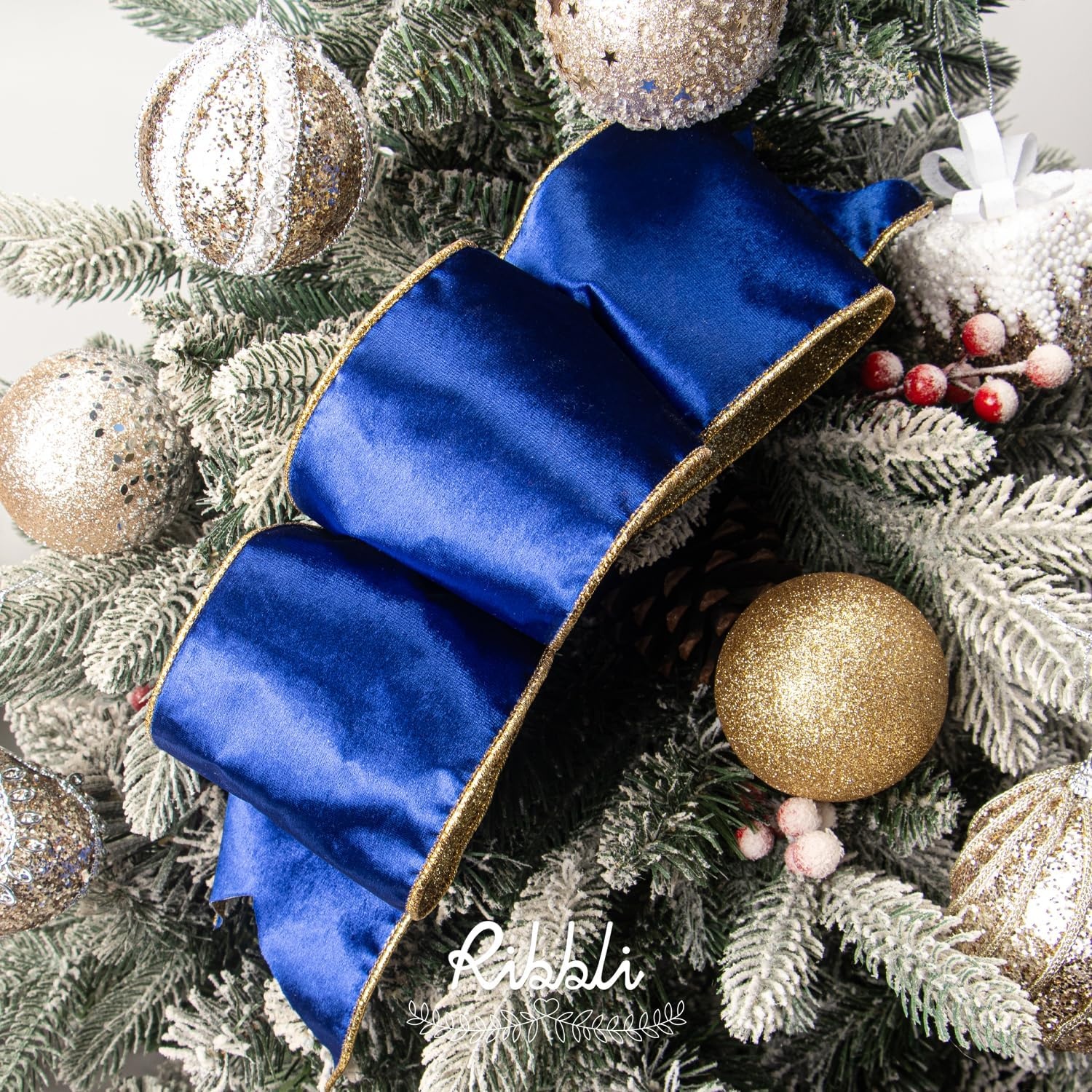 Ribbli Moss Green Velvet Ribbon Wired 2.5 Inch Glossy Velvet with Gold Glitter Christmas Ribbon for Christmas Tree Decoration Big Bow Gift Wrapping Crafts Wreaths Supplies – Continuous 10 Yards(Royal Blue)