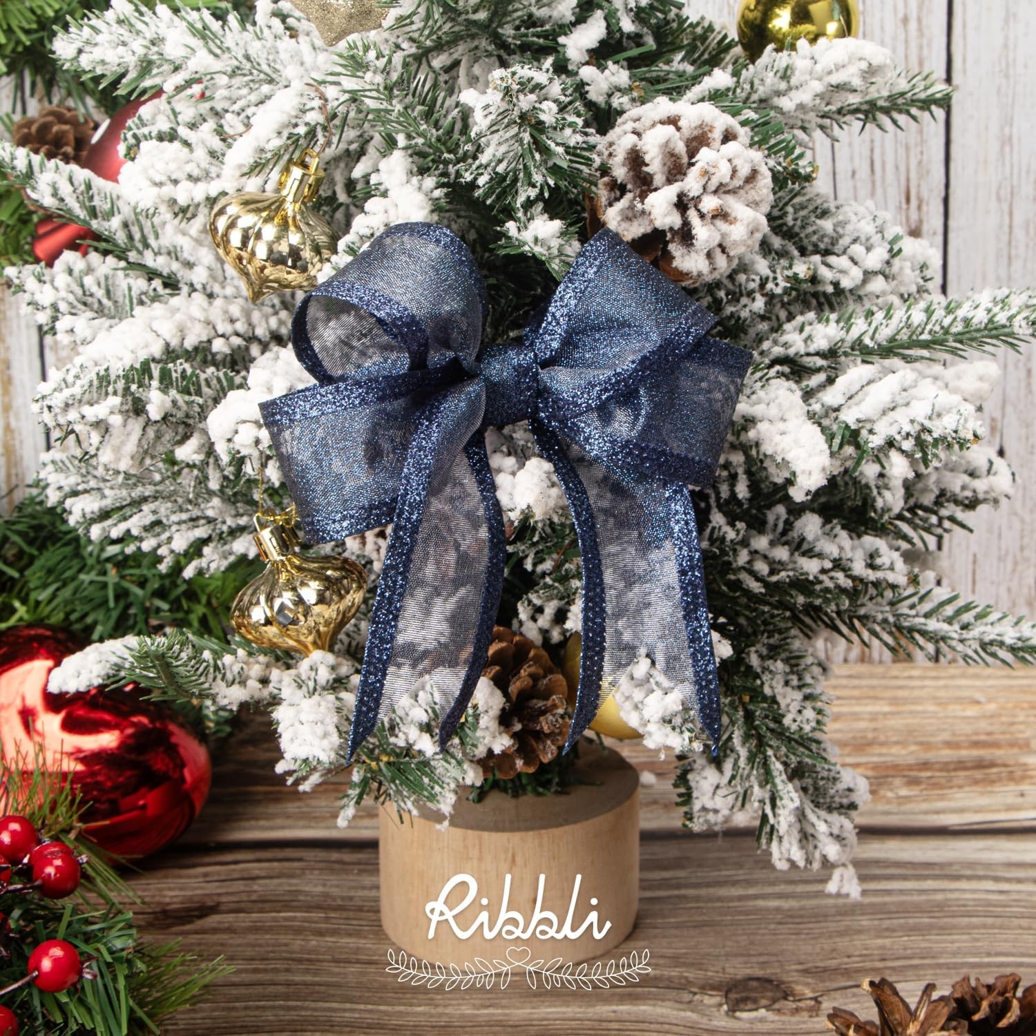 Ribbli Red Christmas Wired Ribbon, Metallic Wired Ribbon with Glitter Edge 2-1/2 Inch x 10 Yard for Christmas Tree Decoration, Gift Wrapping, Wreaths Supplies, Swag, Holiday Decor(Navy)