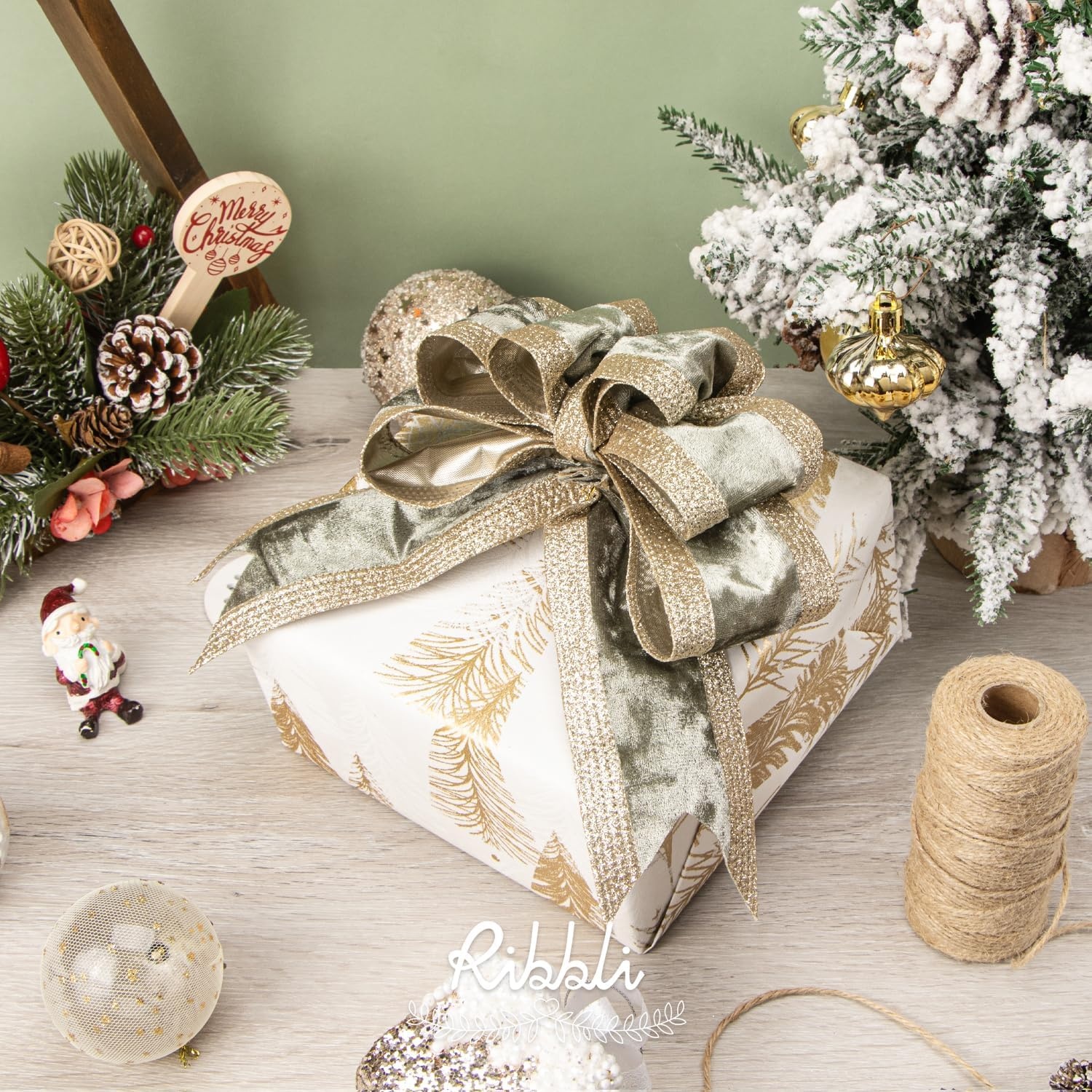 Ribbli Dusty Green Velvet Wired Ribbon with Glitter Edge 4 Inch Christmas Ribbon for Tree Gift Wrapping Wreaths Garland Topper Bows Crafts Home Decor -10 Yards(Sage Green)