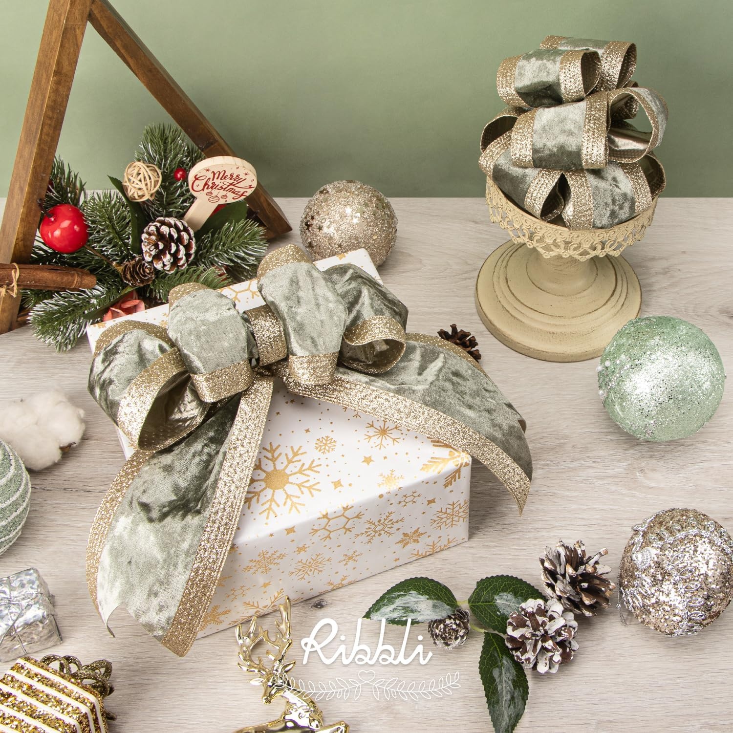 Ribbli Dusty Green Velvet Wired Ribbon with Glitter Edge 4 Inch Christmas Ribbon for Tree Gift Wrapping Wreaths Garland Topper Bows Crafts Home Decor -10 Yards(Sage Green)