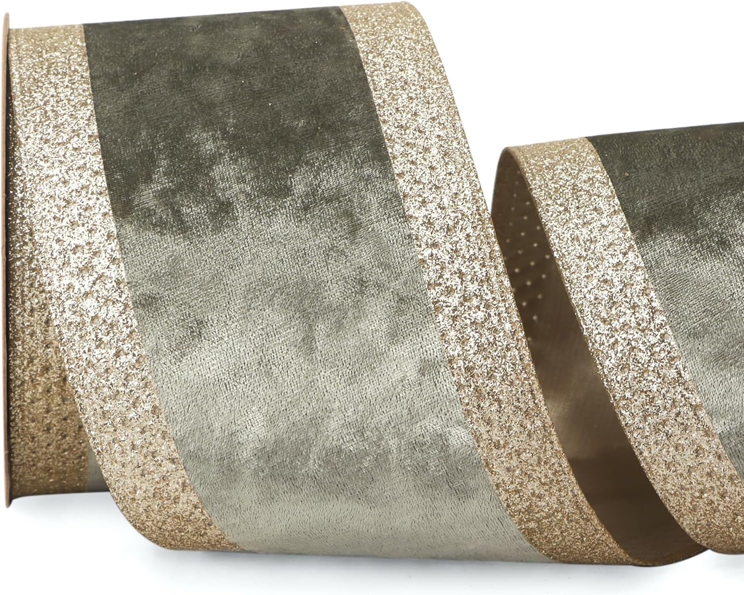 Ribbli Dusty Green Velvet Wired Ribbon with Glitter Edge 4 Inch Christmas Ribbon for Tree Gift Wrapping Wreaths Garland Topper Bows Crafts Home Decor -10 Yards(Sage Green)