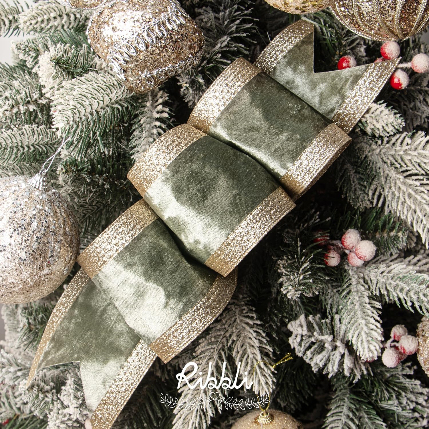 Ribbli Dusty Green Velvet Wired Ribbon with Glitter Edge 4 Inch Christmas Ribbon for Tree Gift Wrapping Wreaths Garland Topper Bows Crafts Home Decor -10 Yards(Sage Green)