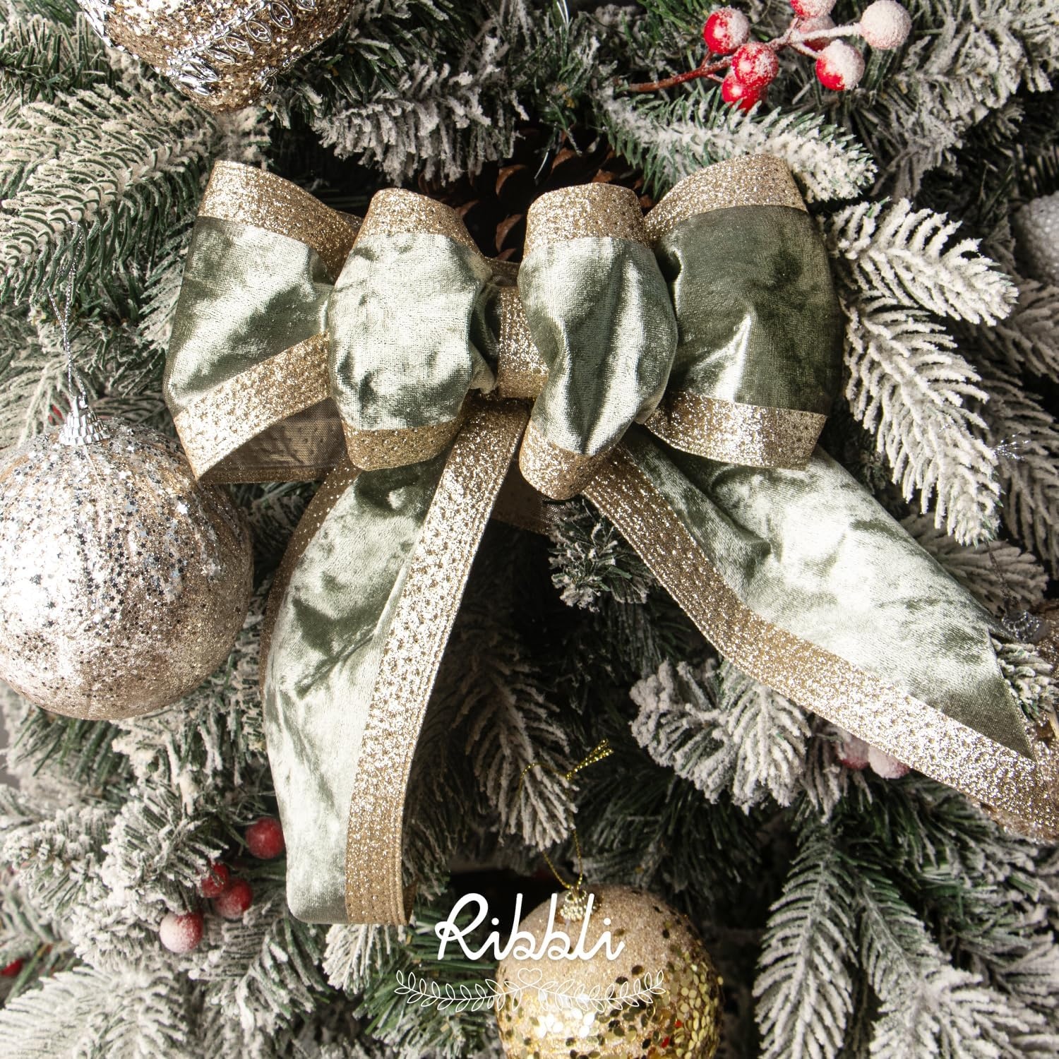 Ribbli Dusty Green Velvet Wired Ribbon with Glitter Edge 4 Inch Christmas Ribbon for Tree Gift Wrapping Wreaths Garland Topper Bows Crafts Home Decor -10 Yards(Sage Green)