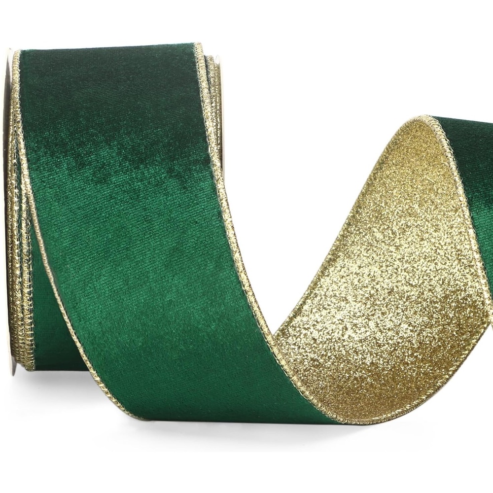 Ribbli Light Champagne Velvet Wired Ribbon 4 Inch Ivory Velvet with Champagne Glitter Christmas Ribbon for Christmas Tree Decoration Big Bow Gift Wrapping Crafts Wreaths Supplies- 10 Yards(Forest Green&Gold)