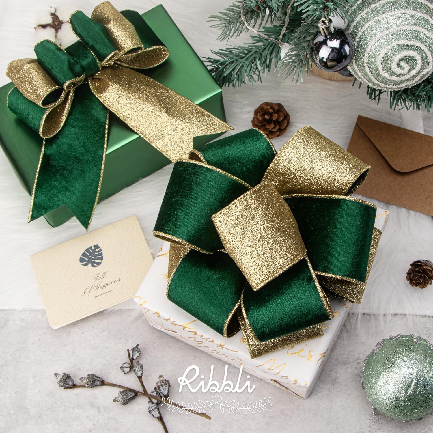 Ribbli Light Champagne Velvet Wired Ribbon 4 Inch Ivory Velvet with Champagne Glitter Christmas Ribbon for Christmas Tree Decoration Big Bow Gift Wrapping Crafts Wreaths Supplies- 10 Yards(Forest Green&Gold)