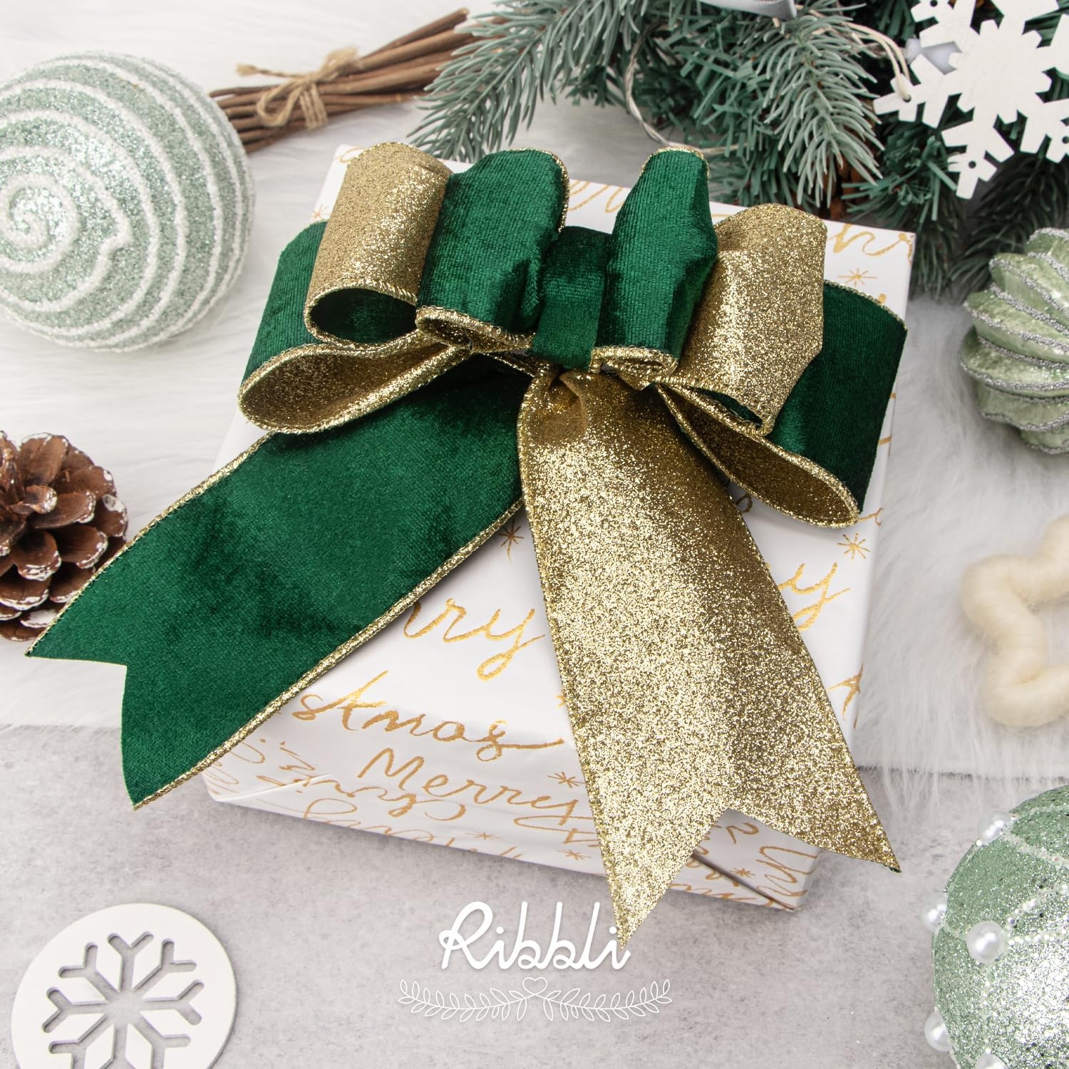 Ribbli Light Champagne Velvet Wired Ribbon 4 Inch Ivory Velvet with Champagne Glitter Christmas Ribbon for Christmas Tree Decoration Big Bow Gift Wrapping Crafts Wreaths Supplies- 10 Yards(Forest Green&Gold)