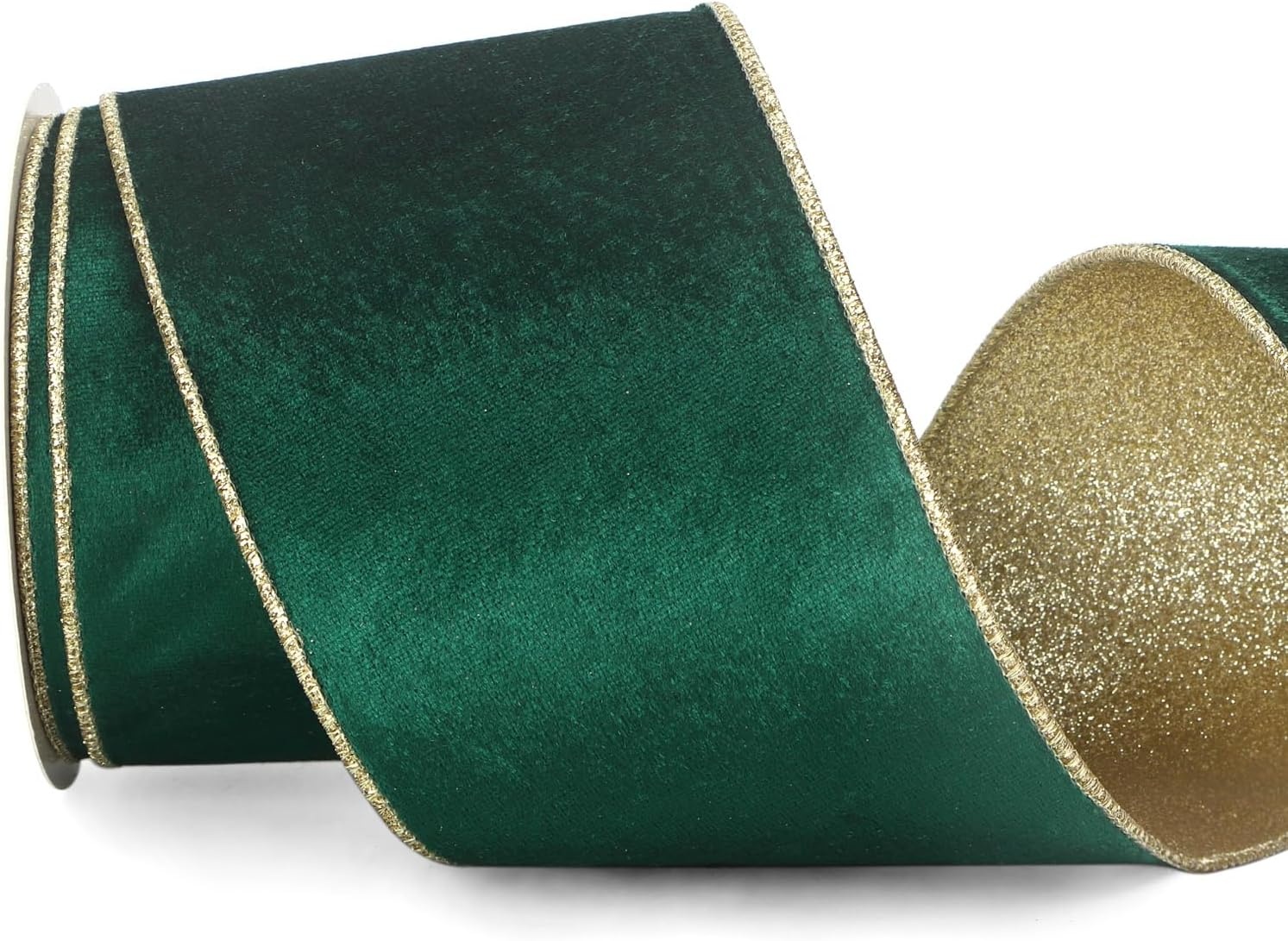Ribbli Light Champagne Velvet Wired Ribbon 4 Inch Ivory Velvet with Champagne Glitter Christmas Ribbon for Christmas Tree Decoration Big Bow Gift Wrapping Crafts Wreaths Supplies- 10 Yards(Forest Green&Gold)