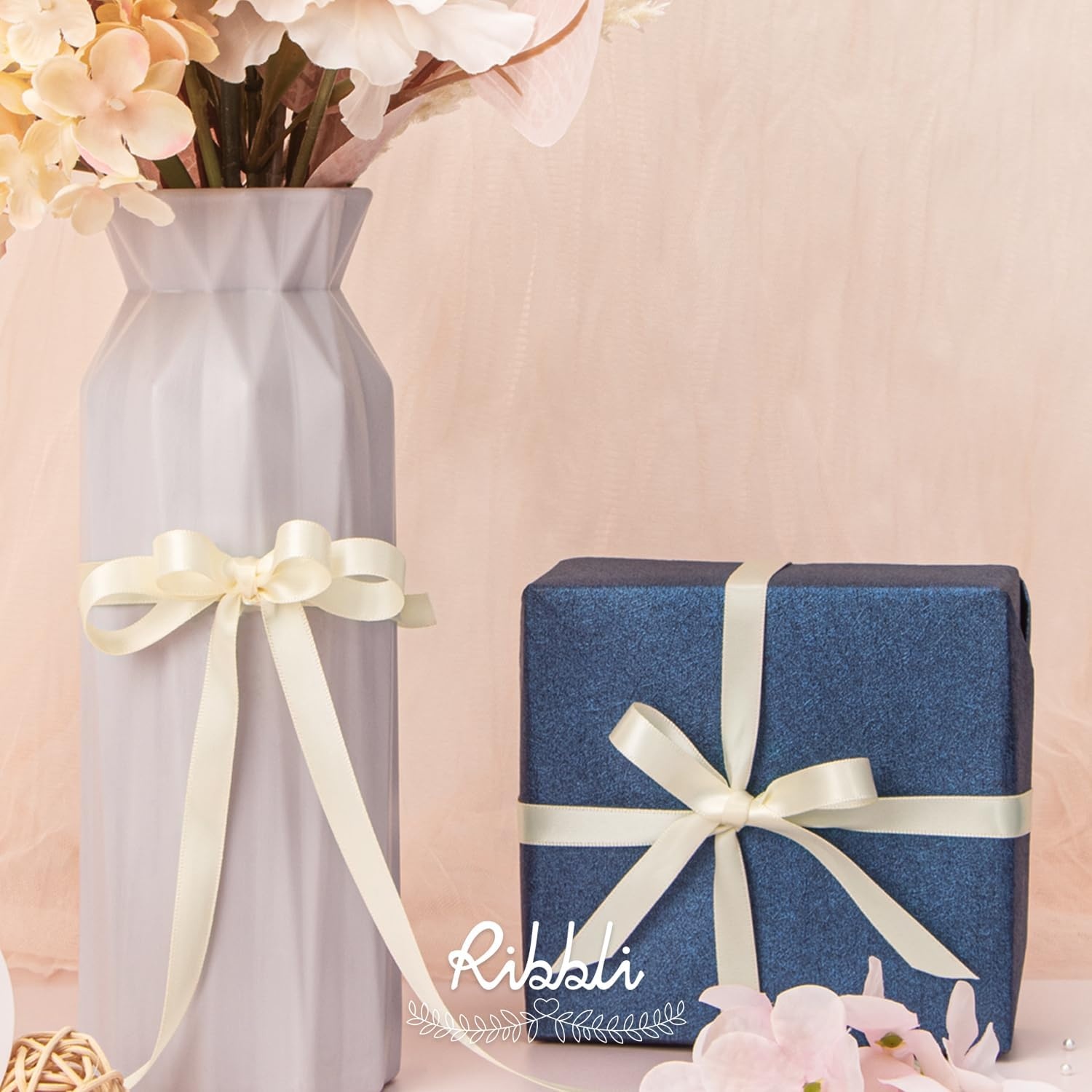 Ribbli Champagne Gold Satin Ribbon Double Faced Satin 3/8 Inch x Continuous 50 Yards-Champagne Ribbon for Gift Wrapping Crafts Wedding Decoration Bows Bouquet Floral Arrangement(Ivory)