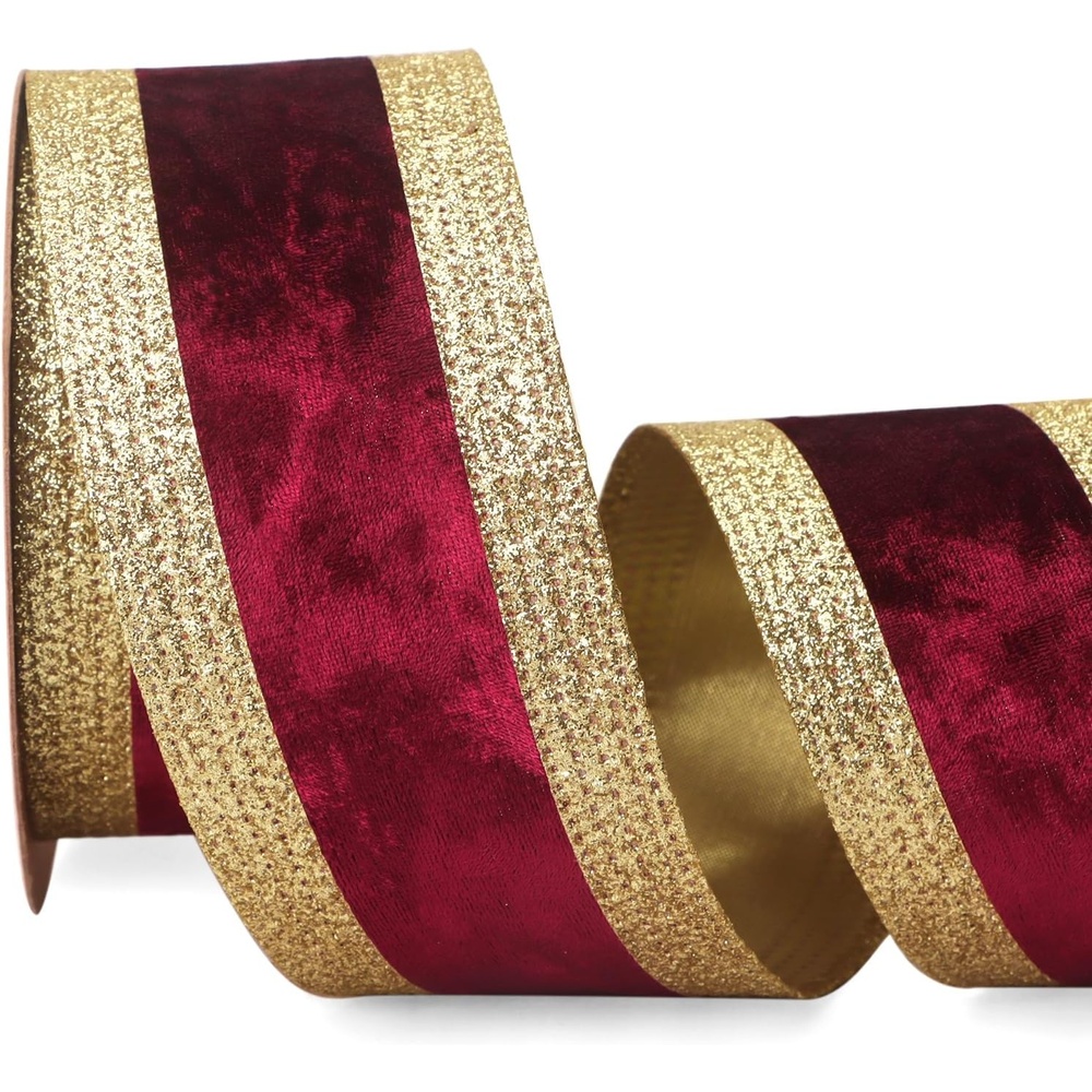 Ribbli Dusty Green Velvet Wired Ribbon with Glitter Edge 4 Inch Christmas Ribbon for Tree Gift Wrapping Wreaths Garland Topper Bows Crafts Home Decor -10 Yards(Burgundy)