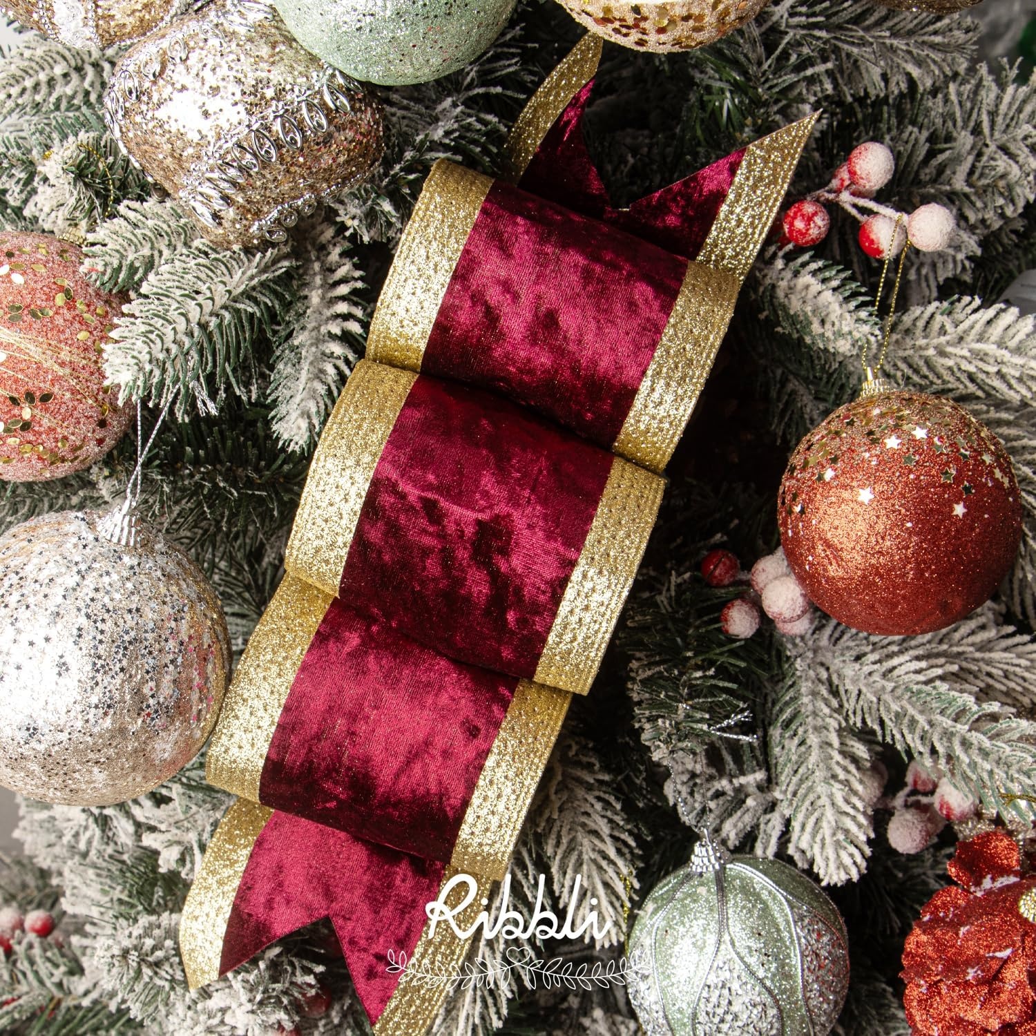 Ribbli Dusty Green Velvet Wired Ribbon with Glitter Edge 4 Inch Christmas Ribbon for Tree Gift Wrapping Wreaths Garland Topper Bows Crafts Home Decor -10 Yards(Burgundy)