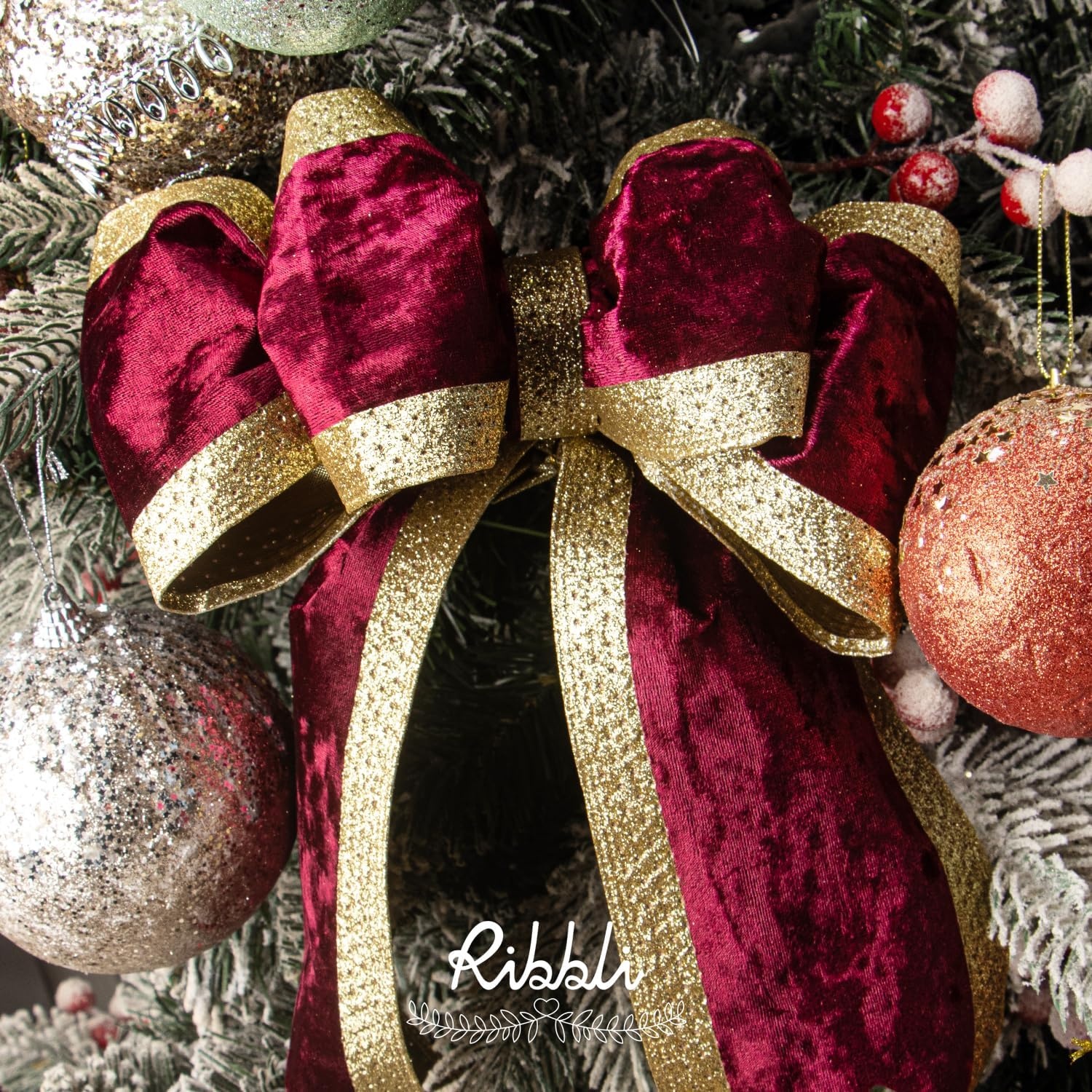 Ribbli Dusty Green Velvet Wired Ribbon with Glitter Edge 4 Inch Christmas Ribbon for Tree Gift Wrapping Wreaths Garland Topper Bows Crafts Home Decor -10 Yards(Burgundy)