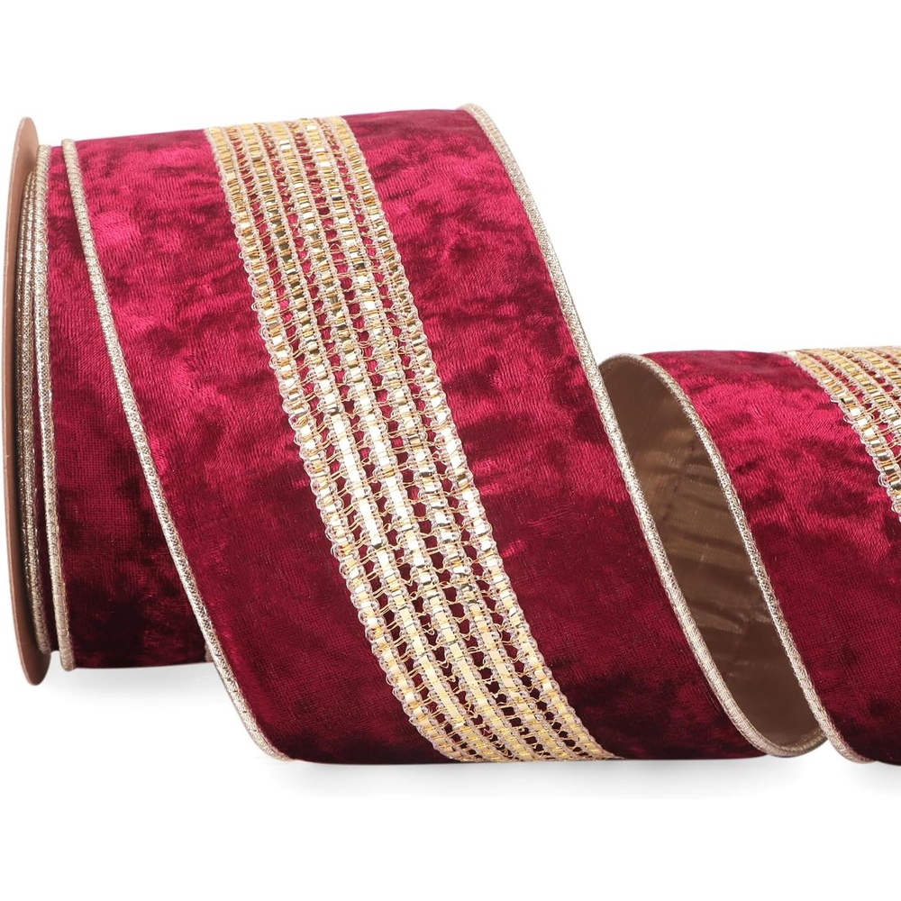 Ribbli Burgundy Velvet Wired Ribbon with Luxurious Glittering Stripe 4 Inch Christmas Ribbon for Tree Gift Wrapping Wreaths Garland Topper Bows Crafts Home Decor -10 Yards(Burgundy)