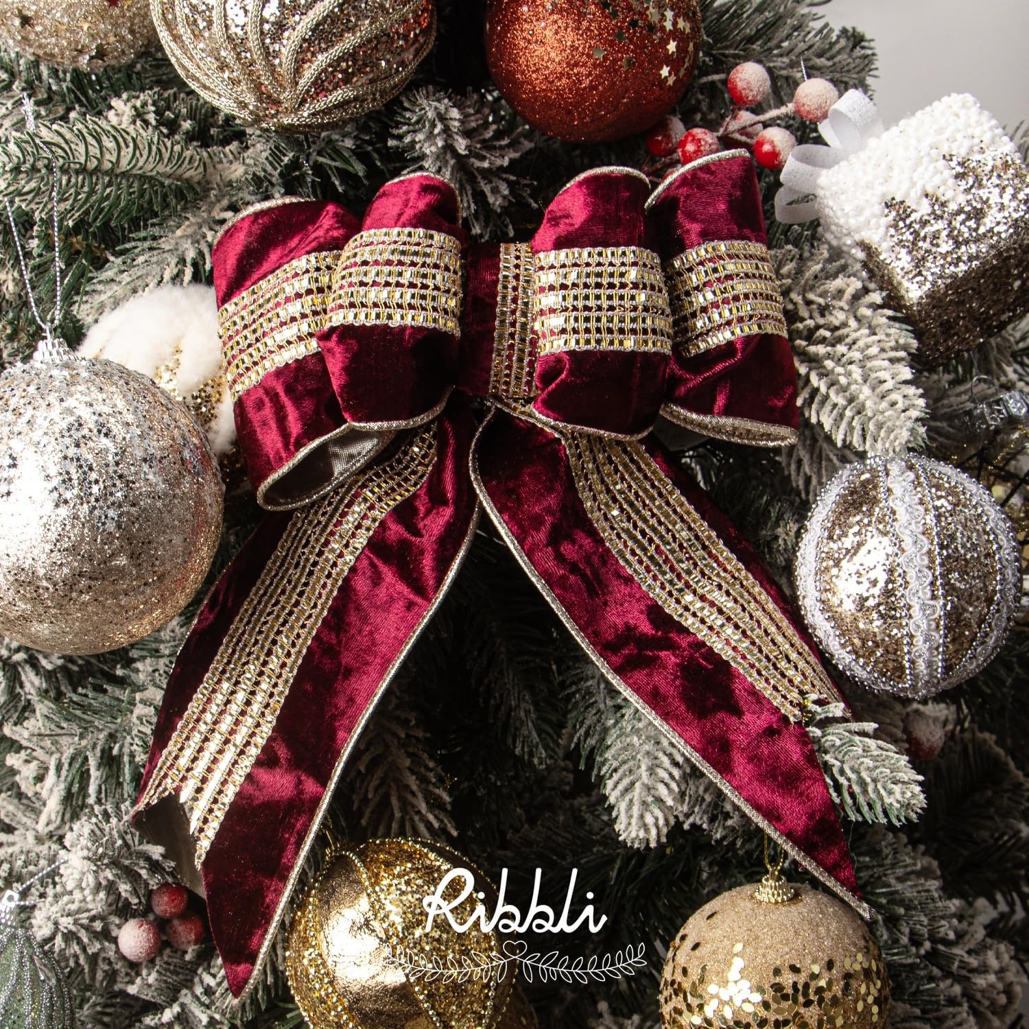 Ribbli Burgundy Velvet Wired Ribbon with Luxurious Glittering Stripe 4 Inch Christmas Ribbon for Tree Gift Wrapping Wreaths Garland Topper Bows Crafts Home Decor -10 Yards(Burgundy)