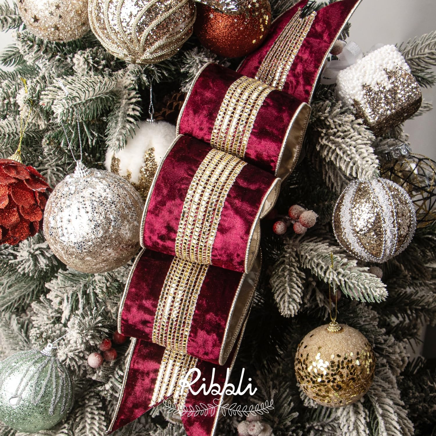 Ribbli Burgundy Velvet Wired Ribbon with Luxurious Glittering Stripe 4 Inch Christmas Ribbon for Tree Gift Wrapping Wreaths Garland Topper Bows Crafts Home Decor -10 Yards(Burgundy)
