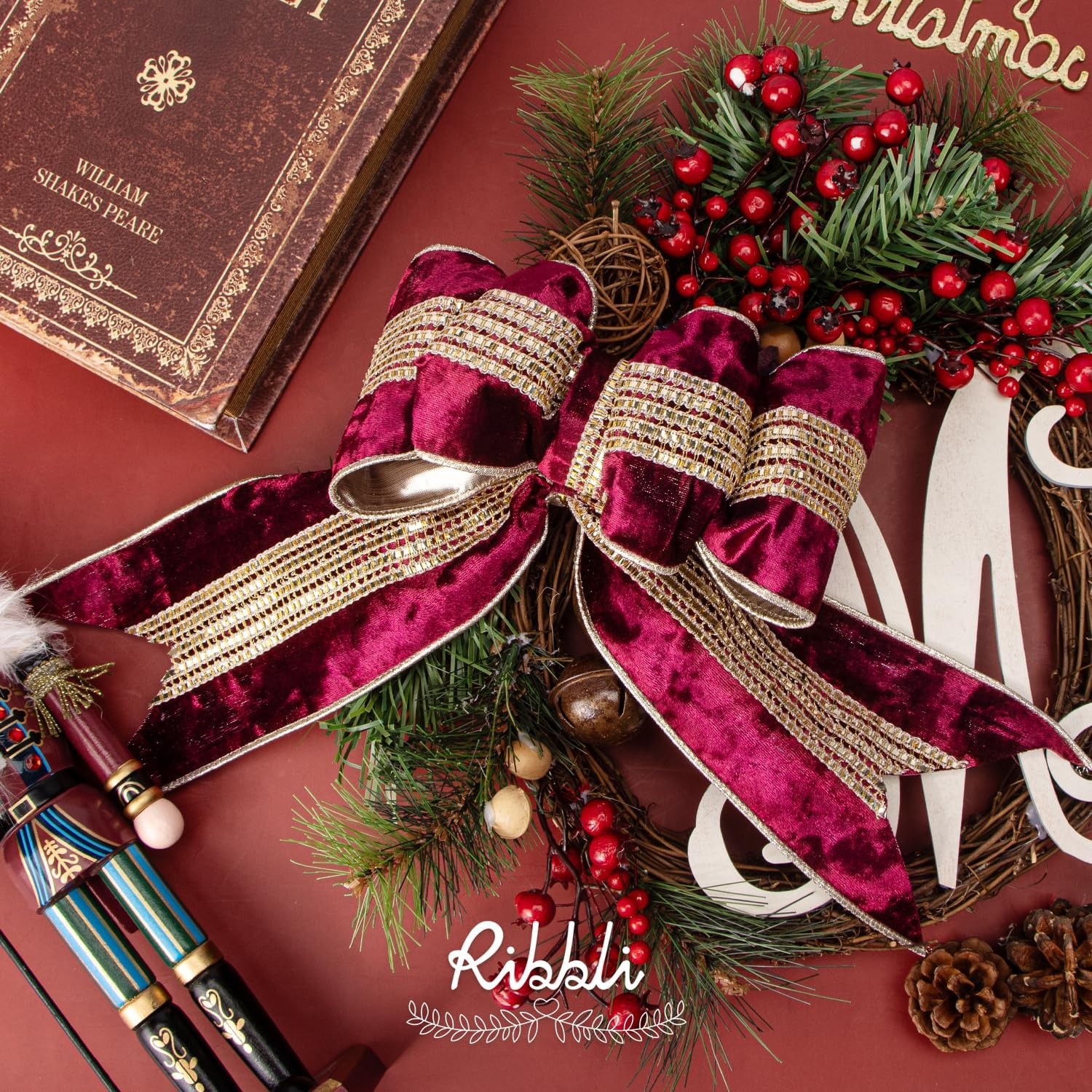 Ribbli Burgundy Velvet Wired Ribbon with Luxurious Glittering Stripe 4 Inch Christmas Ribbon for Tree Gift Wrapping Wreaths Garland Topper Bows Crafts Home Decor -10 Yards(Burgundy)