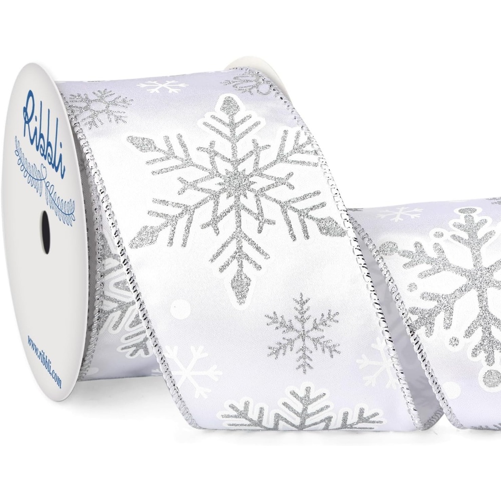 Ribbli Gold Snowflake Wired Ribbon,Ivory Satin with Big Glitter Snowflake Christmas Ribbon for Wreath ChritmasTree Decoration Gift Wrapping Home Decor, 2-1/2 Inch x 10 Yards(Silver)