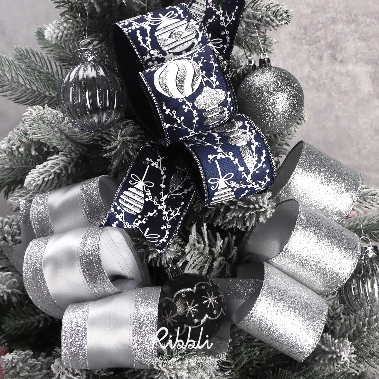 Ribbli Champagne Wired Ribbon Ivory Satin with Champagne Glitter Edge 2.5 Inch Christmas Ribbon for Tree Gift Wrapping Wreaths Garland Topper Bows Crafts Home Decor -10 Yards(Silver)