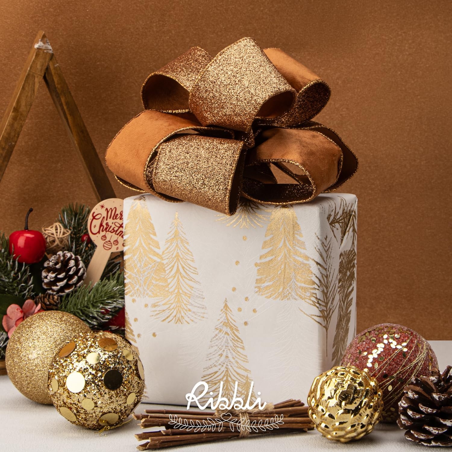 Ribbli Light Champagne Velvet Wired Ribbon 4 Inch Ivory Velvet with Champagne Glitter Christmas Ribbon for Christmas Tree Decoration Big Bow Gift Wrapping Crafts Wreaths Supplies- 10 Yards(Copper)