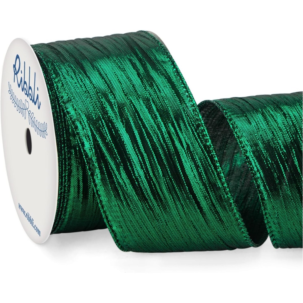 Ribbli Champagne Pink Crinkled Wired Ribbon with Metallic Edge, Pink Christmas Ribbon for Garland, Wreaths,Topper Bow,Swags, Christmas Tree Decoration 2-1/2 Inch x 10 Yard(Forest Green)